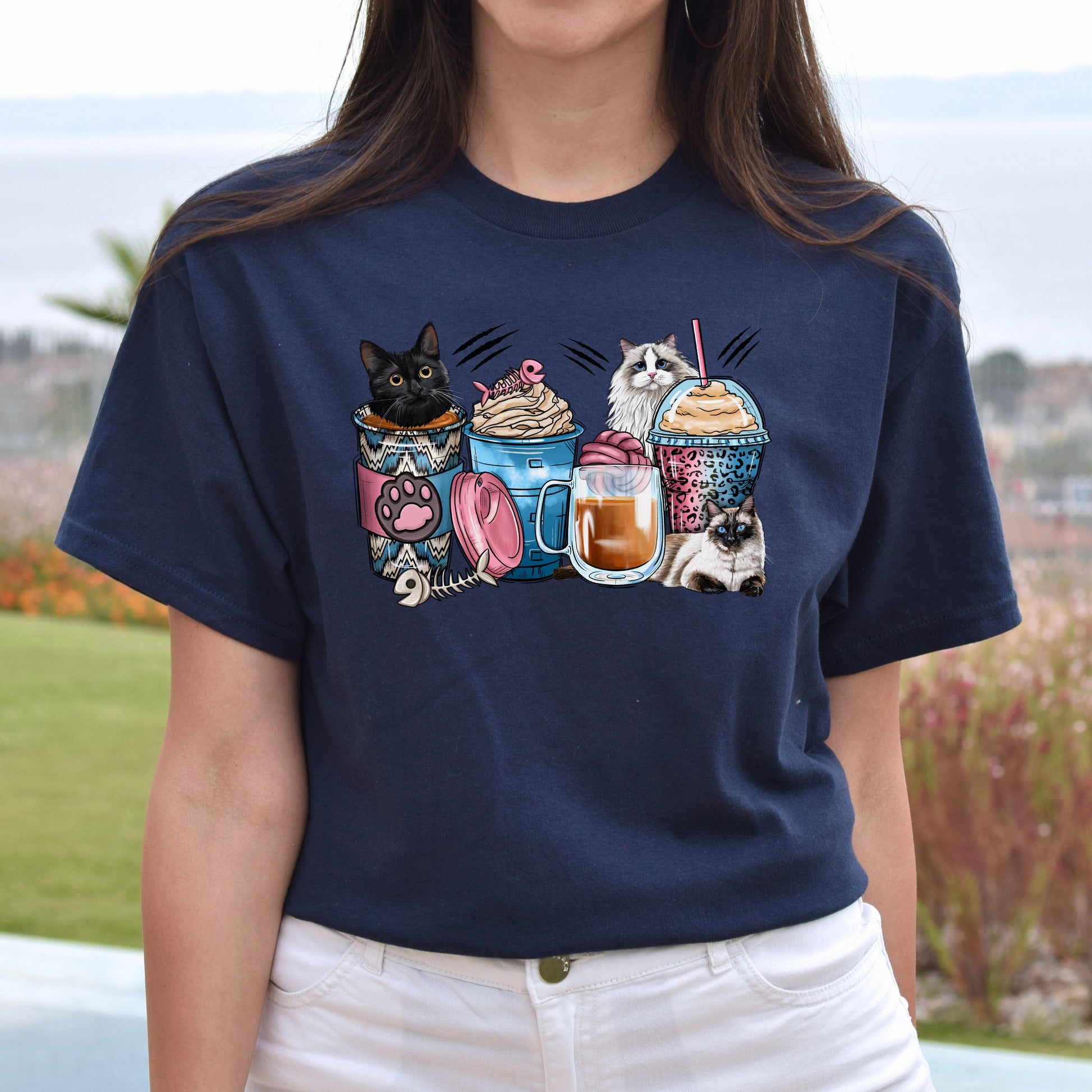 Cats coffee cups unisex tshirt cats owner tee S-5XL-Navy-Family-Gift-Planet