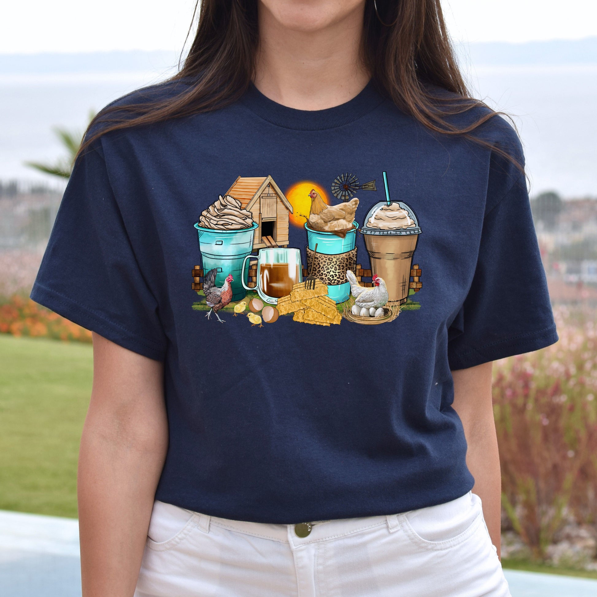 Chicken and coffee cups unisex tshirt farmer chicken owner tee S-5XL-Family-Gift-Planet