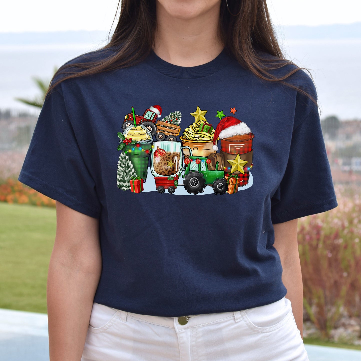 Christmas tractor and coffee cups unisex tshirt tractor owner tee S-5XL-Family-Gift-Planet