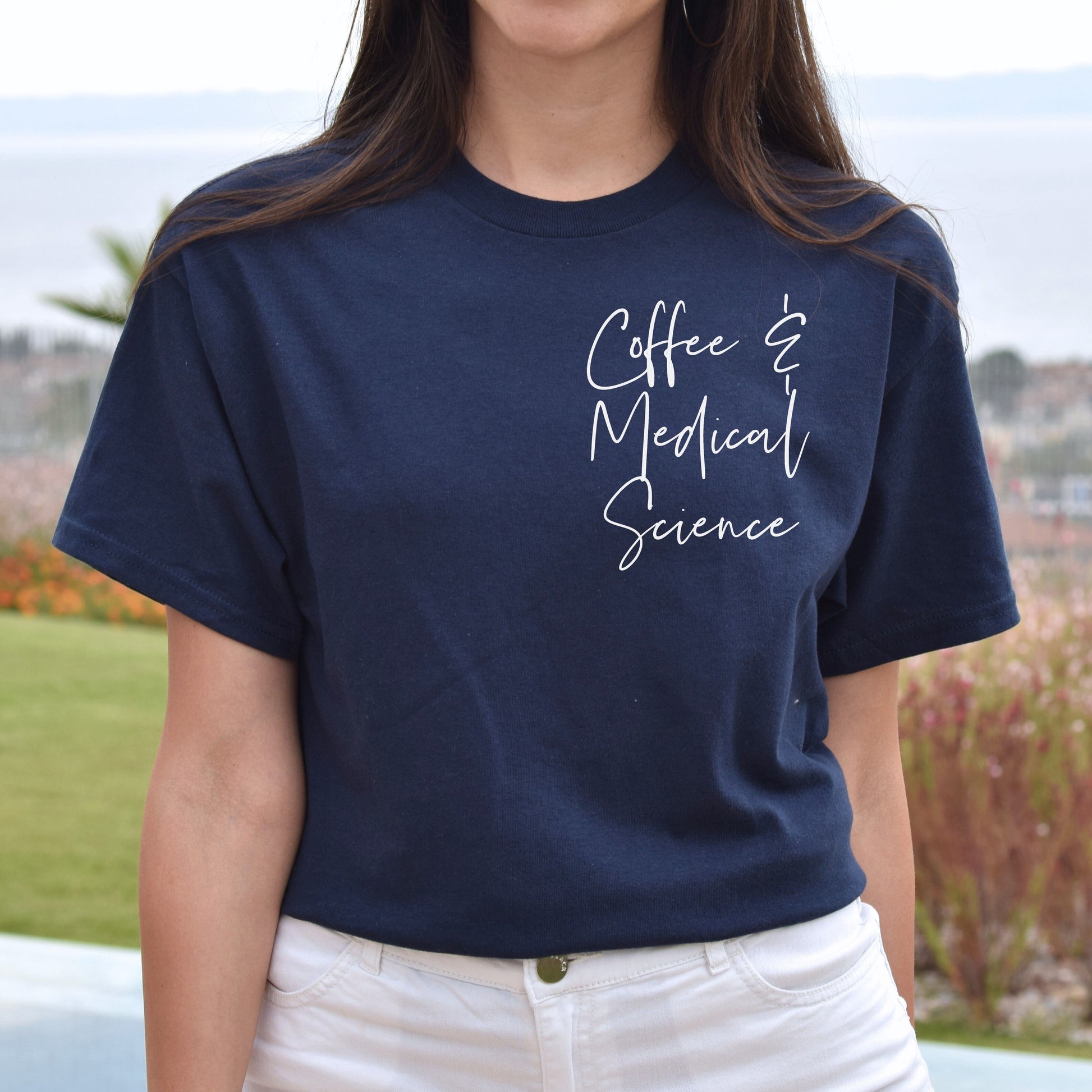 Coffee and medical science pocket Unisex Med scientist tee T-shirt Black Navy Dark Heather-Navy-Family-Gift-Planet