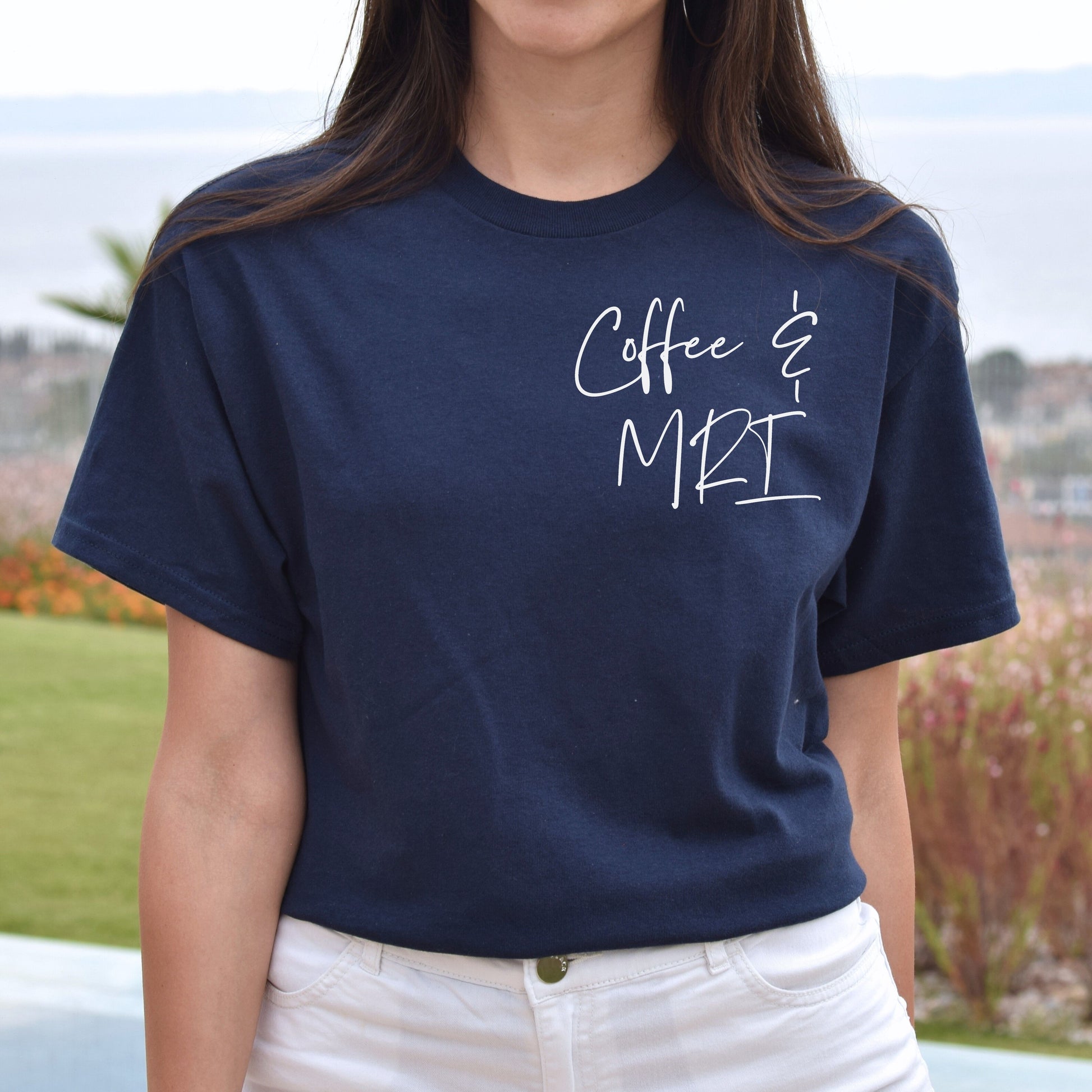 Coffee and mri pocket Unisex T-shirt MRI tech tee Black Navy Dark Heather-Navy-Family-Gift-Planet