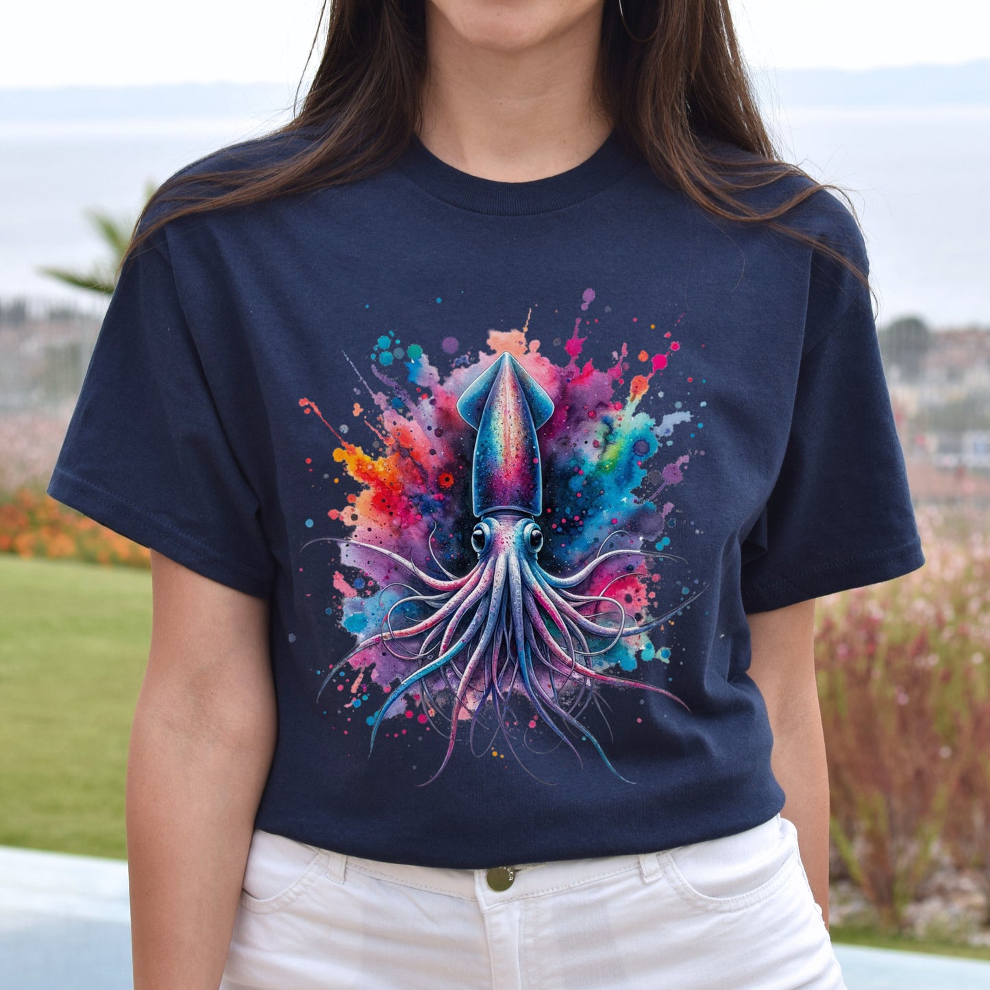 Artistic Deep sea squid Color Splash Unisex T-shirt Black Navy Dark Heather-Family-Gift-Planet