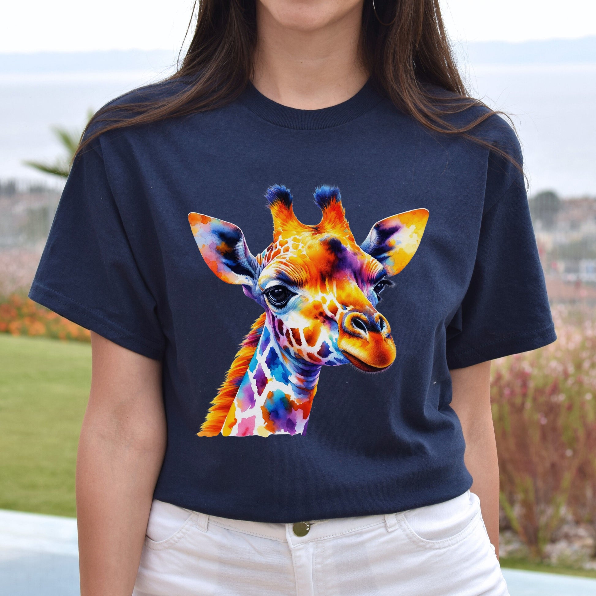 Artistic Giraffe vibrant colorful Unisex T-shirt Black Navy Dark Heather-Family-Gift-Planet
