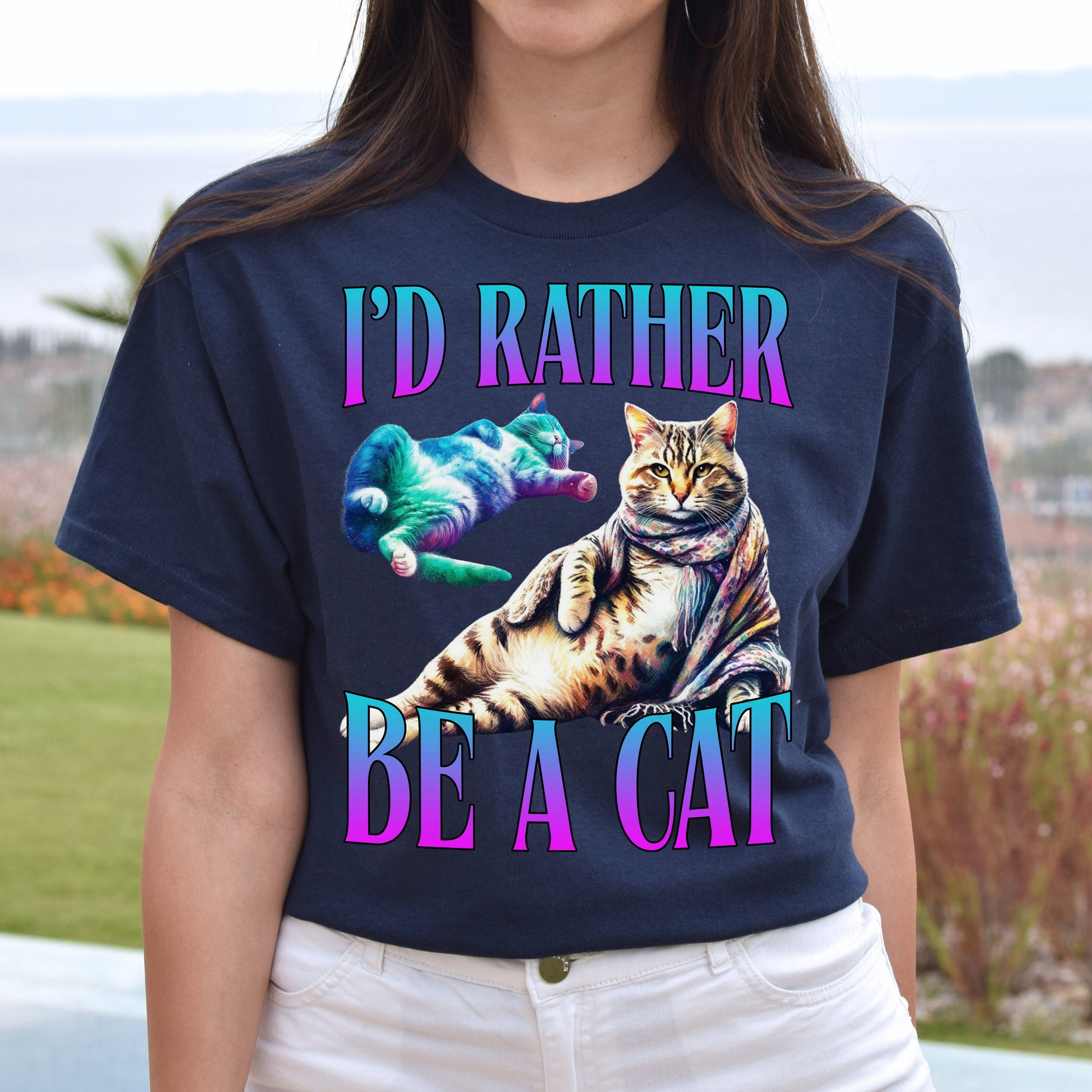 I'd rather be a cat T-Shirt funny cat lover meme Unisex tee Black Navy Dark Heather-Navy-Family-Gift-Planet