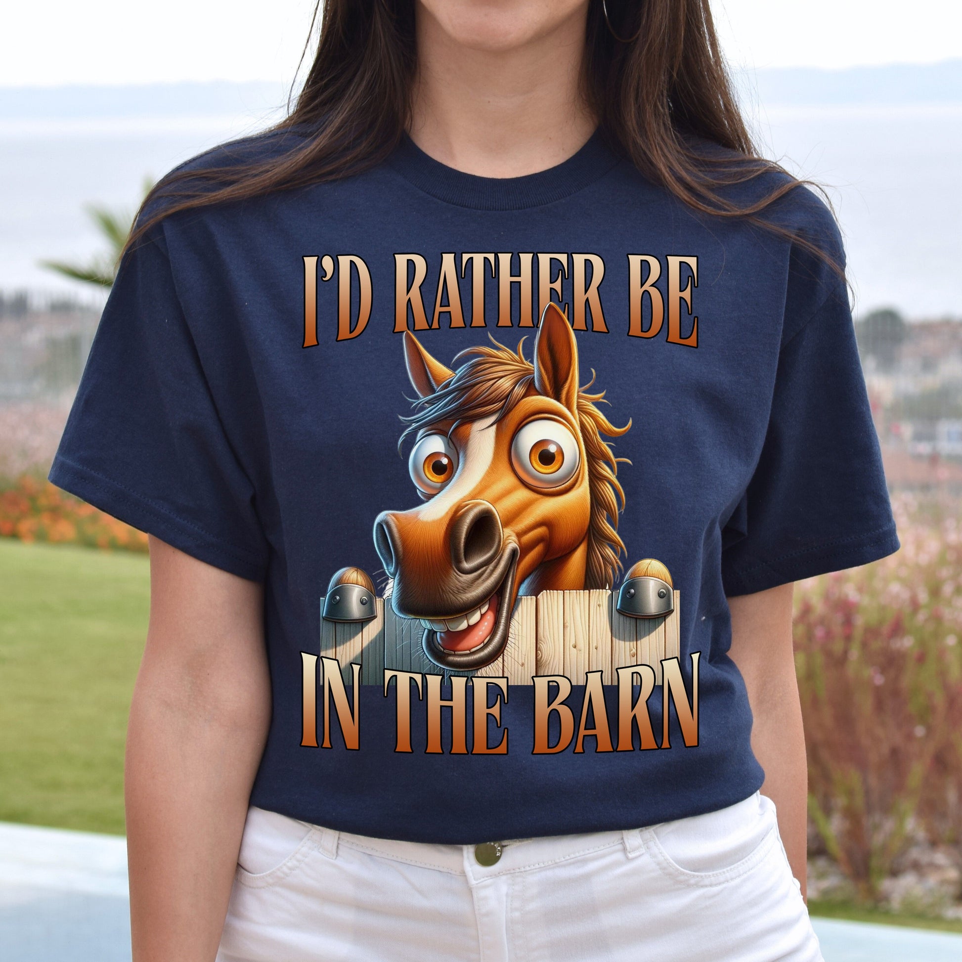 I’d rather be in the barn T-Shirt Horse girl Texas farm Unisex tee Black Navy Dark Heather-Navy-Family-Gift-Planet
