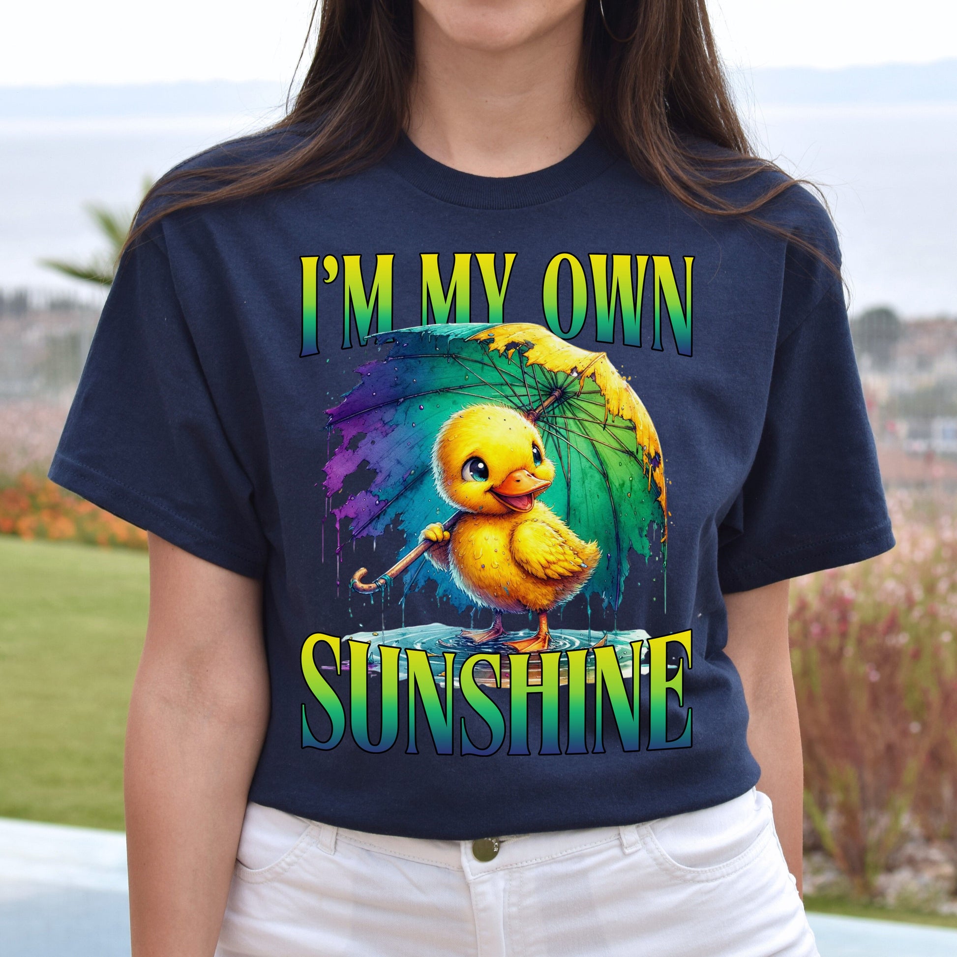 I'm my own sunshine T-Shirt Positive motivational self love mental health duck Unisex tee Black Navy Dark Heather-Family-Gift-Planet