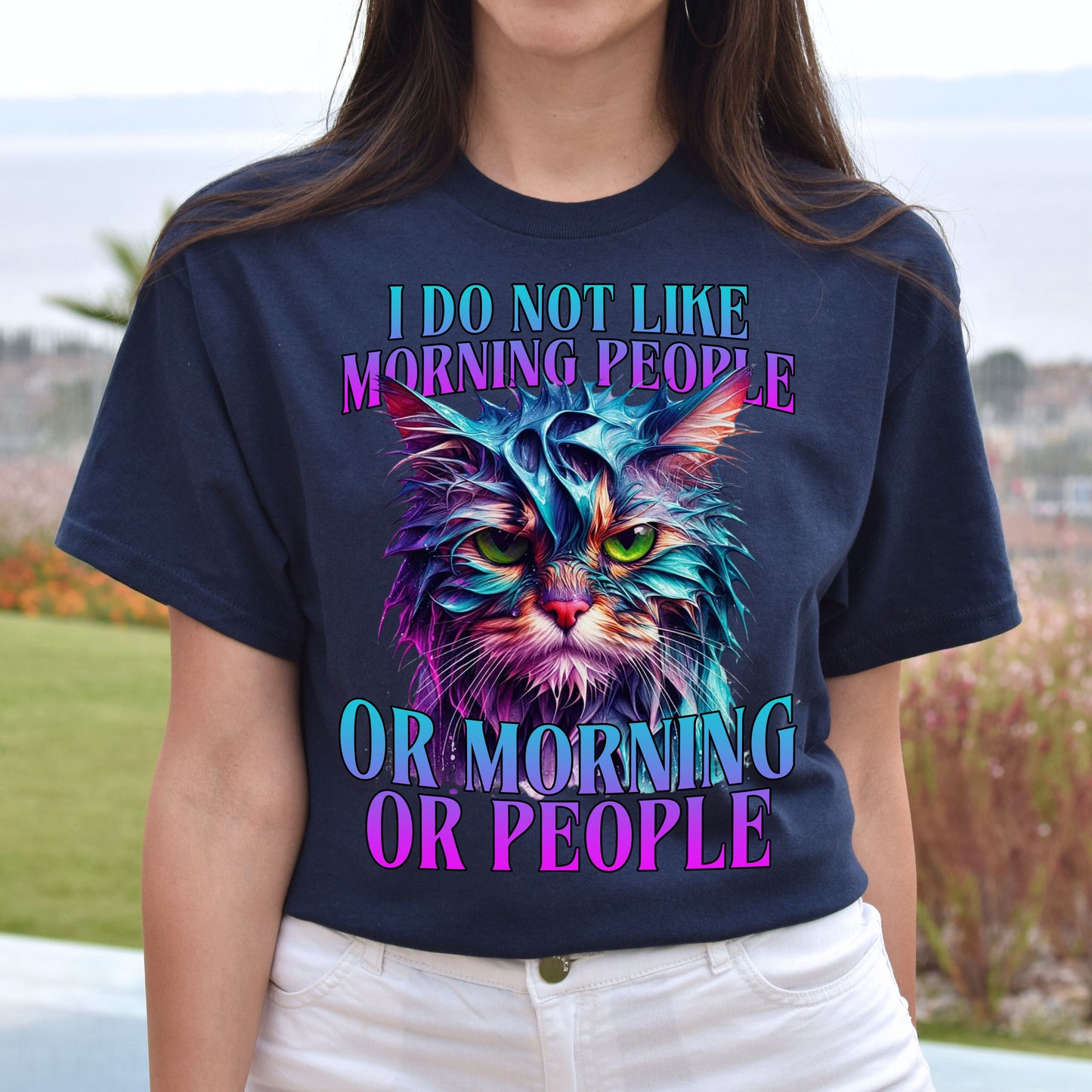 I do not like morning people T-Shirt Socially awkward Cat introvert Unisex tee Black Navy Dark Heather-Navy-Family-Gift-Planet