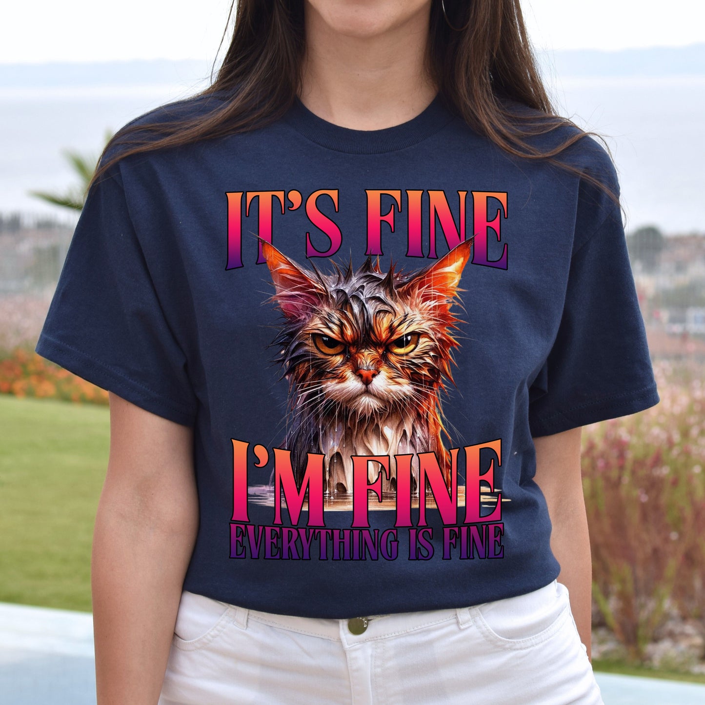 it's fine i'm fine everything is fine T-Shirt Cat sarcastic positive Unisex tee Black Navy Dark Heather-Navy-Family-Gift-Planet