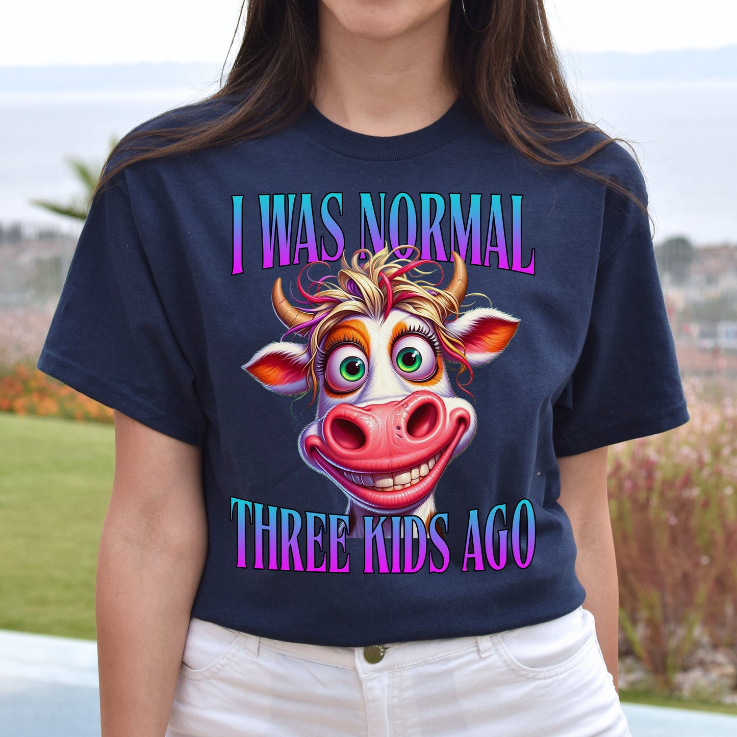 I was normal three kids ago T-Shirt funny Mom of 3 children cow Unisex tee Black Navy Dark Heather-Navy-Family-Gift-Planet