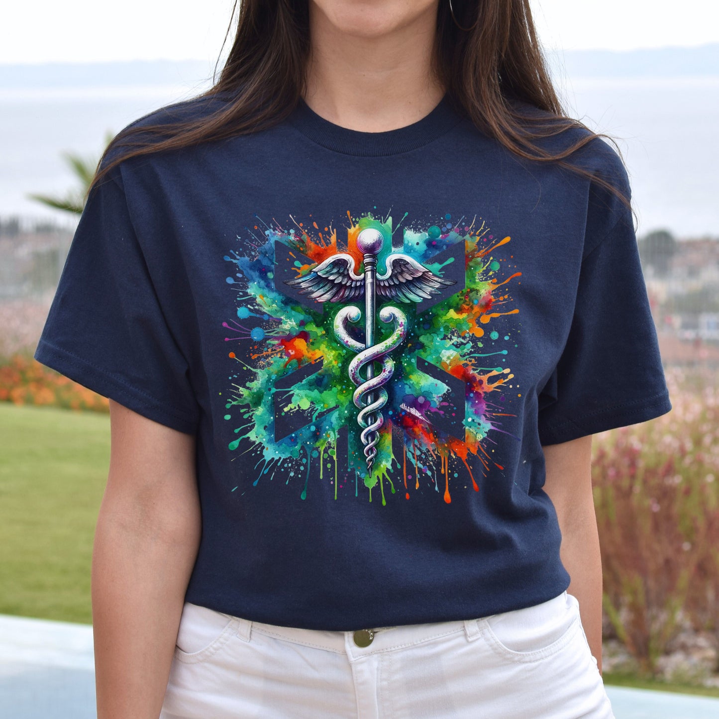 Vibrant Medical sign Color Splash Unisex T-shirt CNA Black Navy Dark Heather-Navy-Family-Gift-Planet