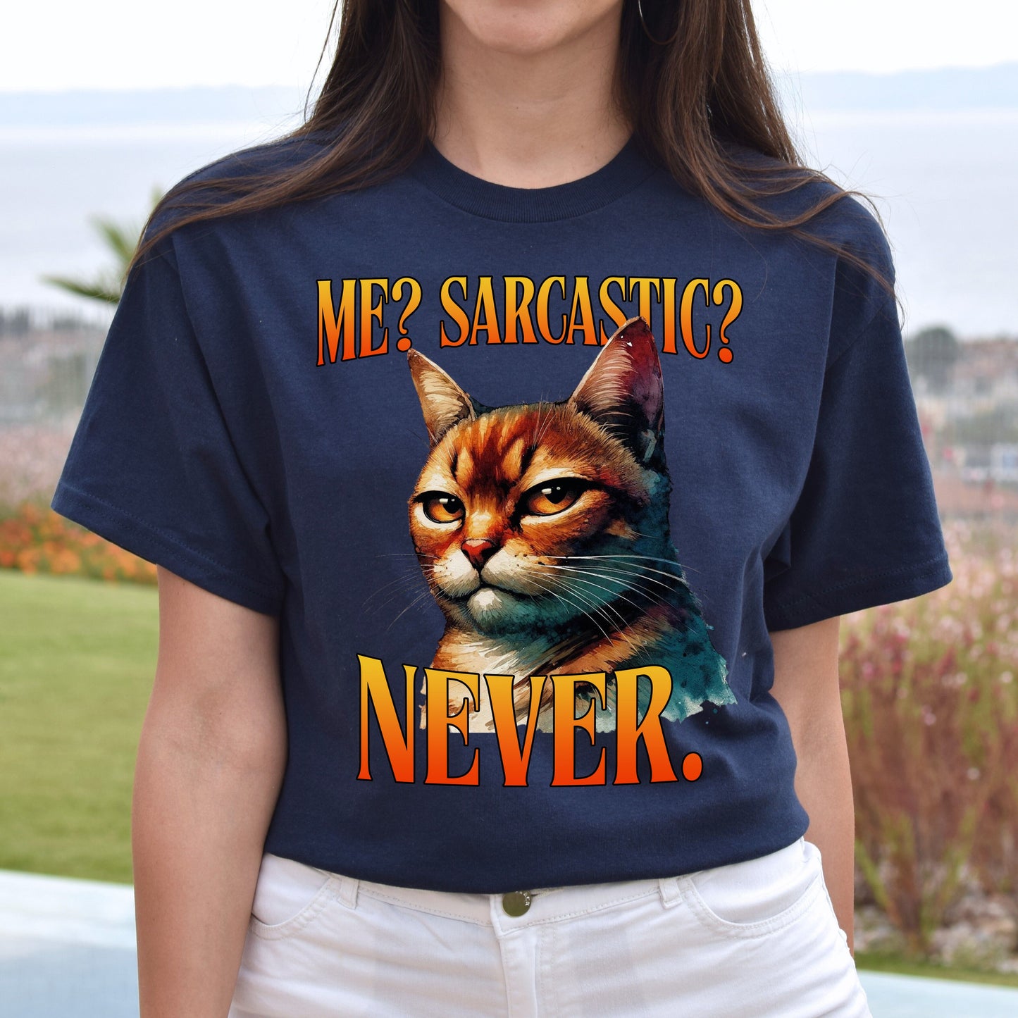 Me sarcastic never T-Shirt Sarcasm cat witty dry humor Unisex tee Black Navy Dark Heather-Navy-Family-Gift-Planet