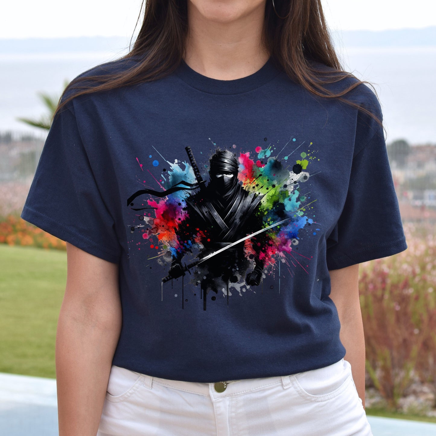 Artistic Ninja Color Splash Unisex T-shirt Ninja in the dark Black Navy Dark Heather-Navy-Family-Gift-Planet