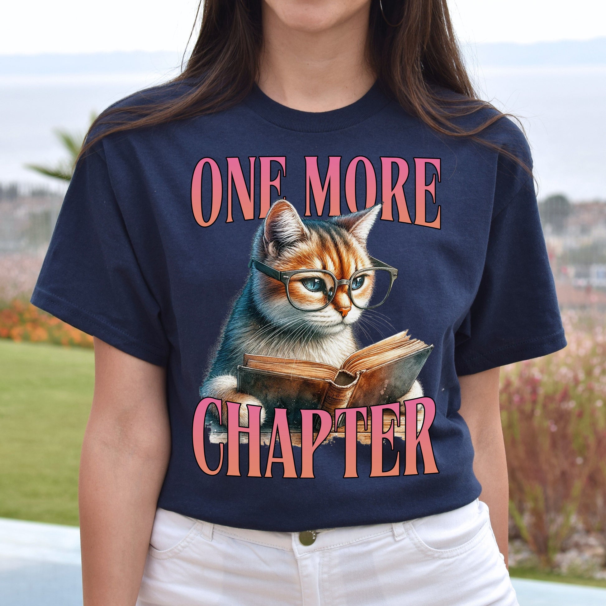 One more chapter T-Shirt Book lover reading cat booktravert Unisex tee Black Navy Dark Heather-Navy-Family-Gift-Planet