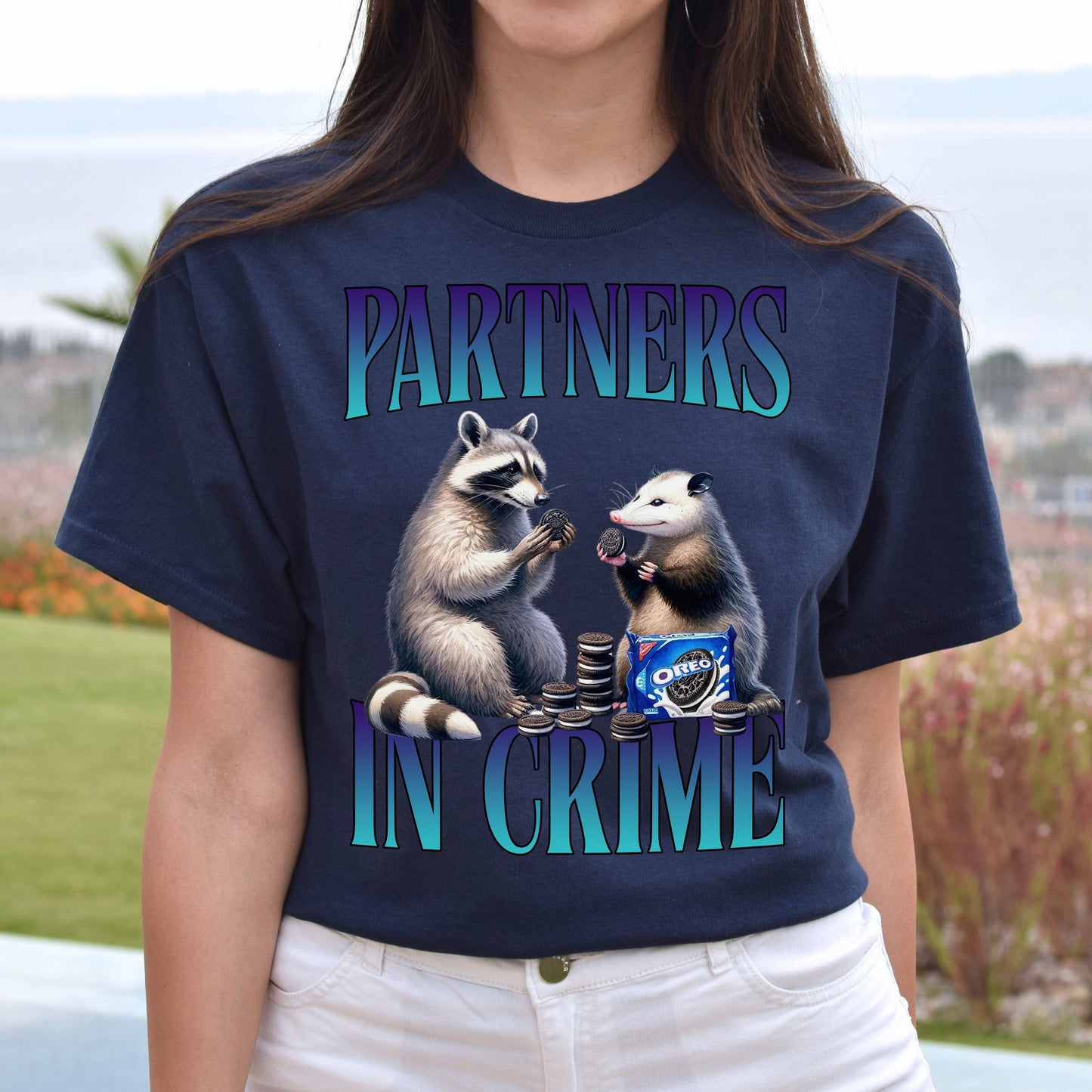 Partners in crime T-Shirt racoon and opossum eat cookies Retro Unisex tee Black Navy Dark Heather-Navy-Family-Gift-Planet