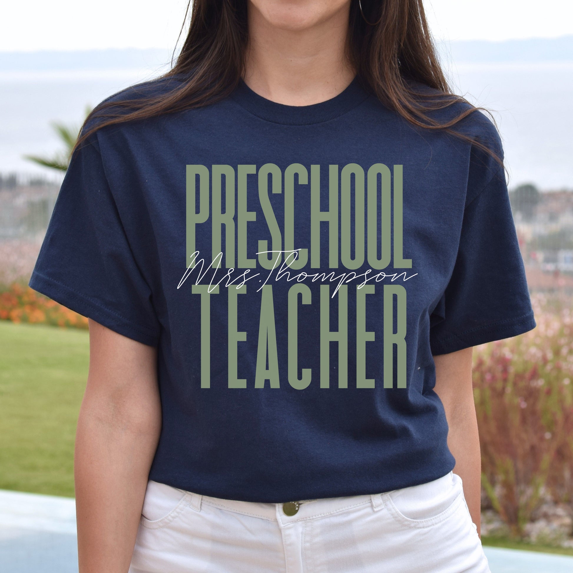Preschool teacher T-Shirt gift Kindergarten teacher Customized Unisex tee Black Navy Dark Heather-Navy-Family-Gift-Planet