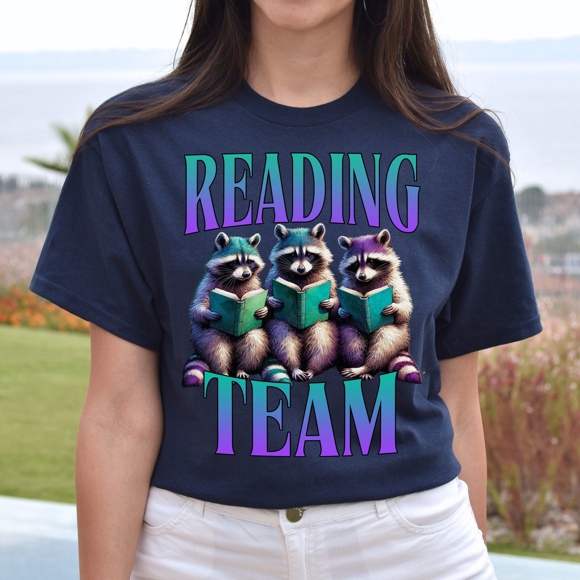 Reading team T-Shirt Reading teacher Racoon Book Librarian gift Unisex tee Black Navy Dark Heather-Navy-Family-Gift-Planet