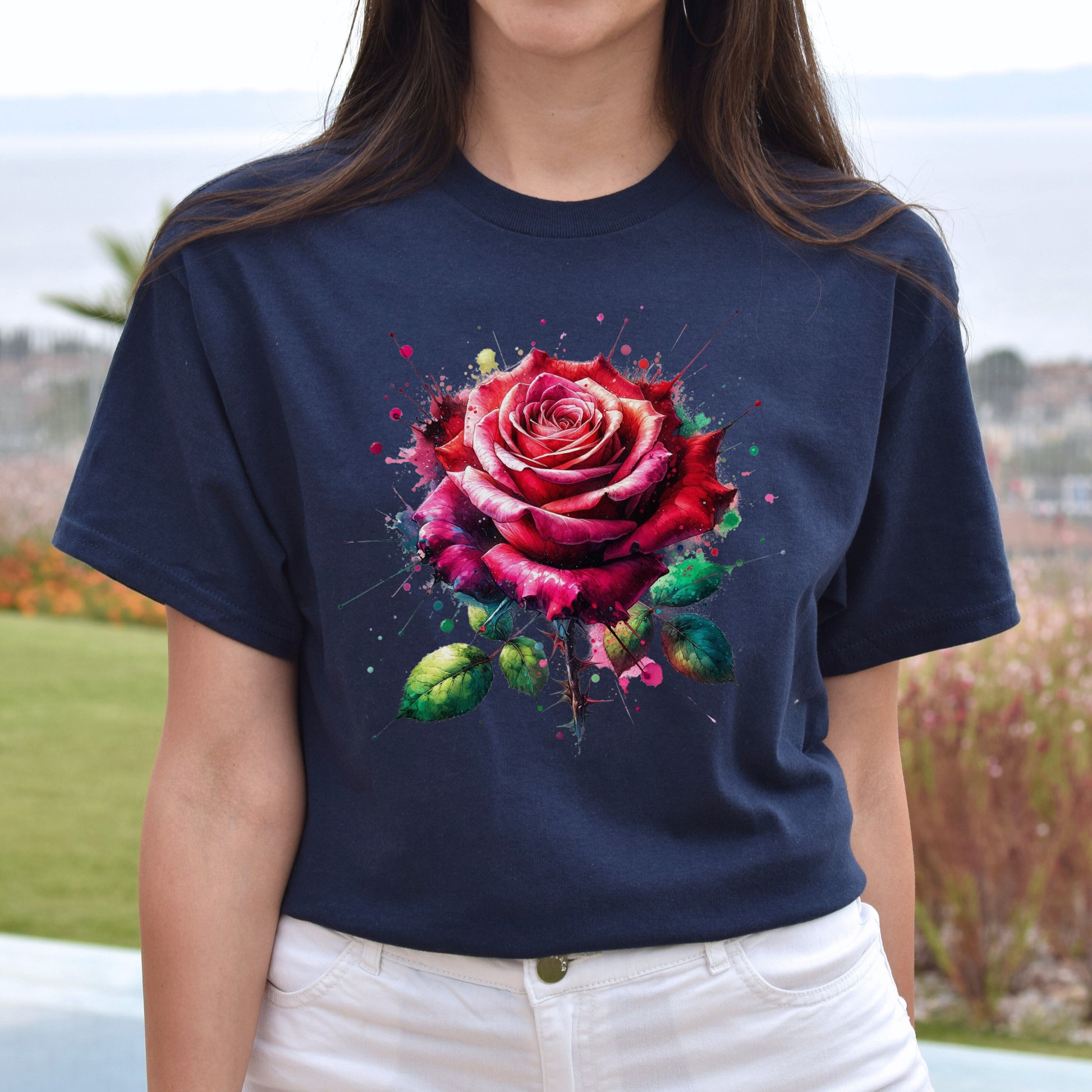 Artistic Rose flower Color Splash Unisex T-shirt Black Navy Dark Heather-Navy-Family-Gift-Planet