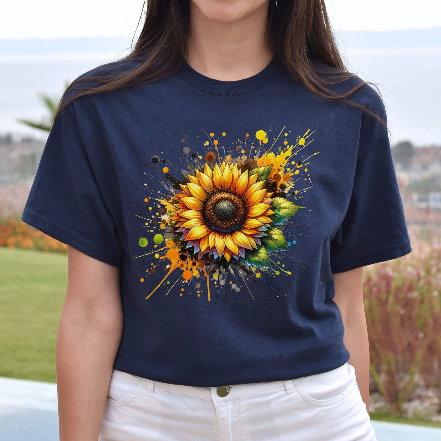 Artistic Sunflower Color Splash Unisex T-shirt Black Navy Dark Heather-Navy-Family-Gift-Planet