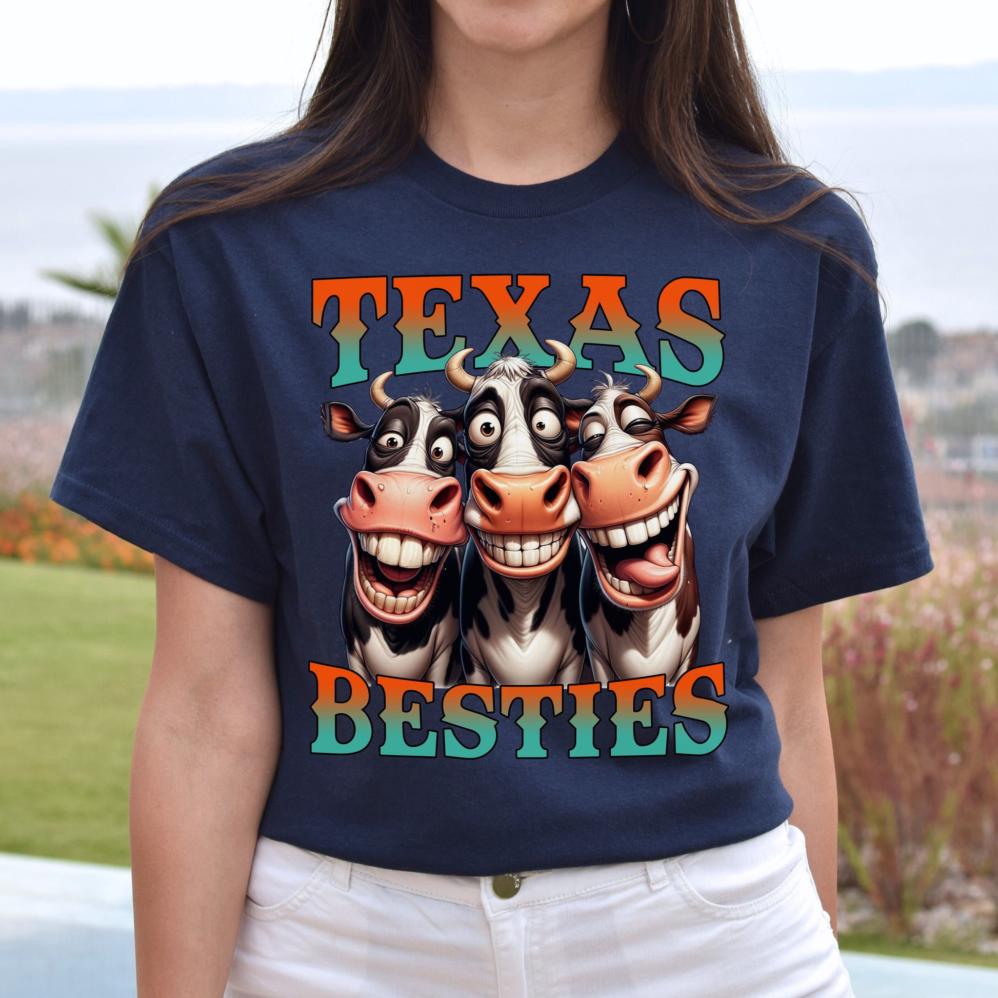 Texas besties T-Shirt Cowgirl funny cows western girl Unisex tee Black Navy Dark Heather-Navy-Family-Gift-Planet