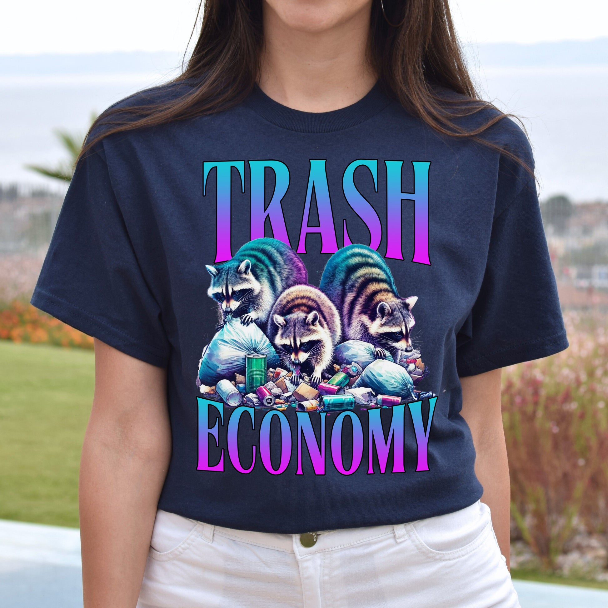 Trash economy T-Shirt Funny Racoon trendy economist graduation gift Unisex tee Black Navy Dark Heather-Navy-Family-Gift-Planet