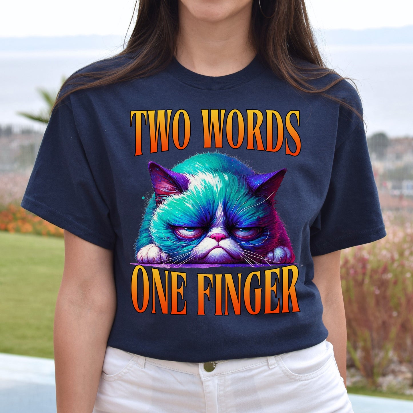 Two words one finger T-Shirt Grumpy cat Funny sarcastic Birthday gift Unisex tee Black Navy Dark Heather-Navy-Family-Gift-Planet