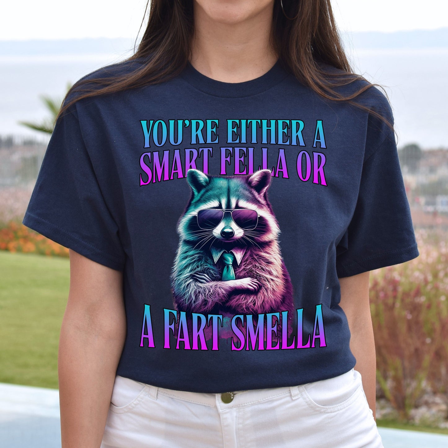 Racoon meme T-Shirt Smart fella or a fart smella humorous gift Unisex tee Black Navy Dark Heather-Navy-Family-Gift-Planet