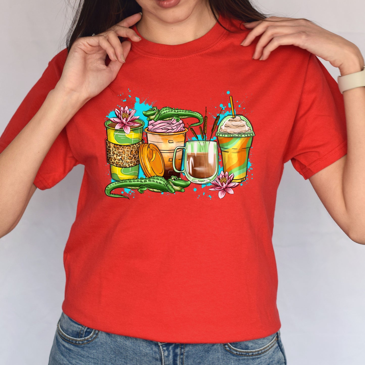 Aligator and coffee cups unisex tshirt jungle crocodile tee S-5XL-Family-Gift-Planet