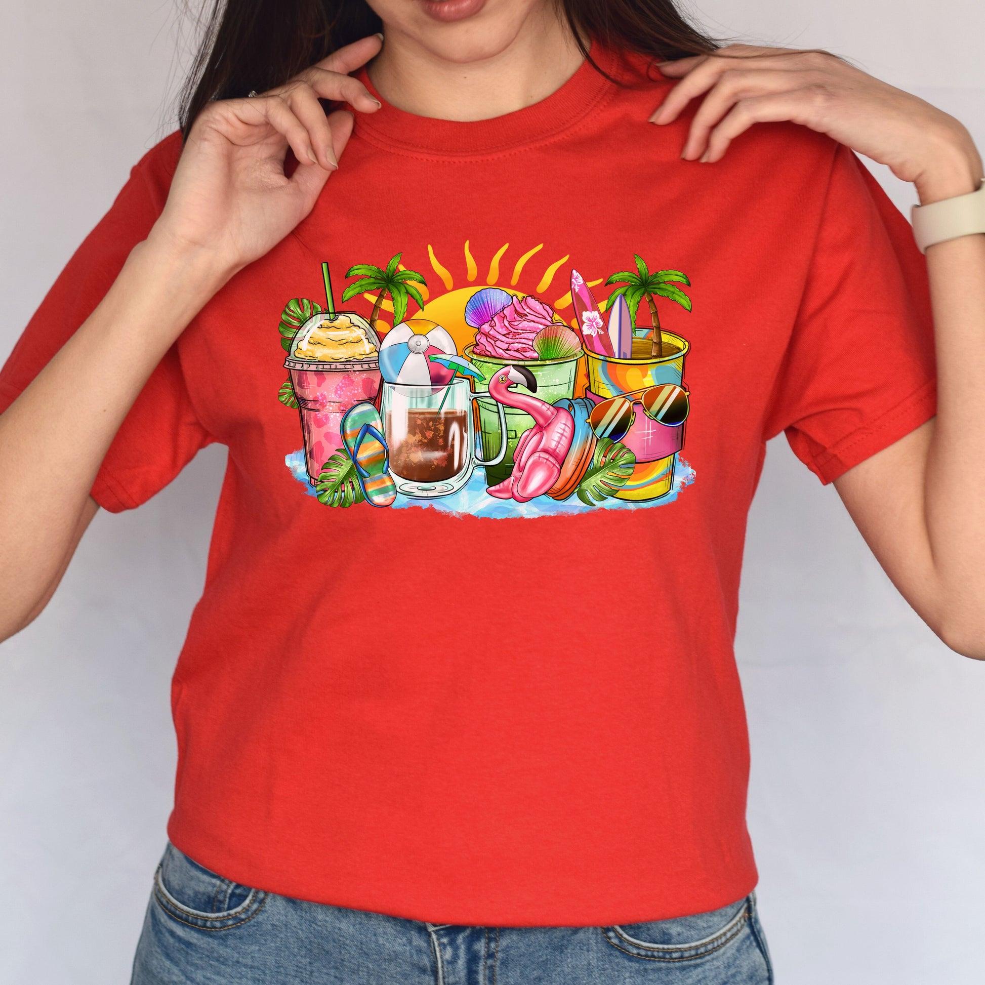 Summer beach and coffee cups unisex tshirt Holiday tee S-5XL-Family-Gift-Planet