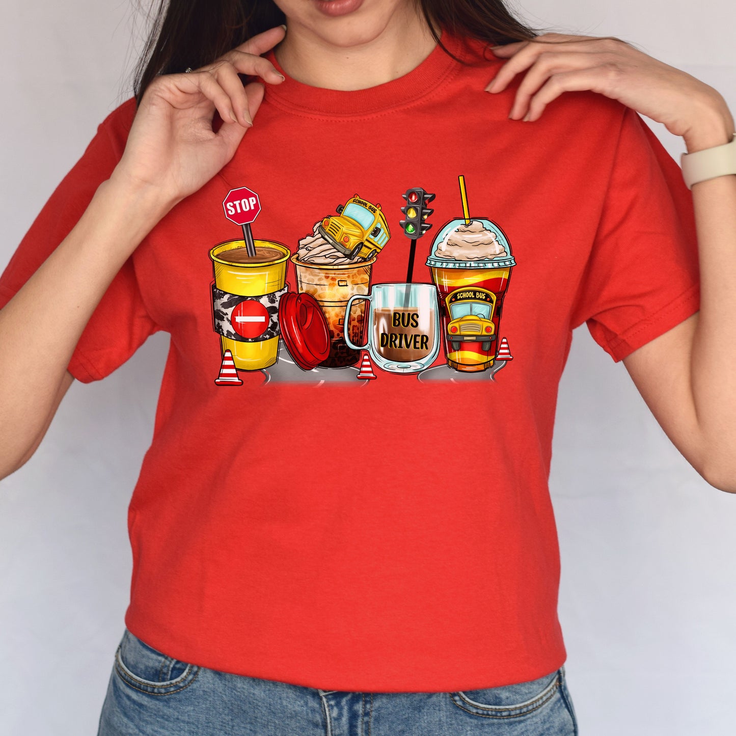 School bus driver and coffee cups unisex tshirt back to school tee S-5XL-Red-Family-Gift-Planet