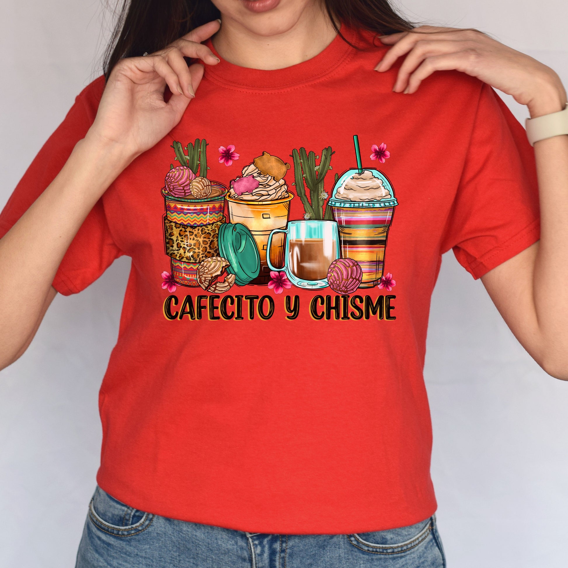 Cafecito y chisme coffee cups unisex tshirt Mexican coffee lover tee S-5XL-Family-Gift-Planet