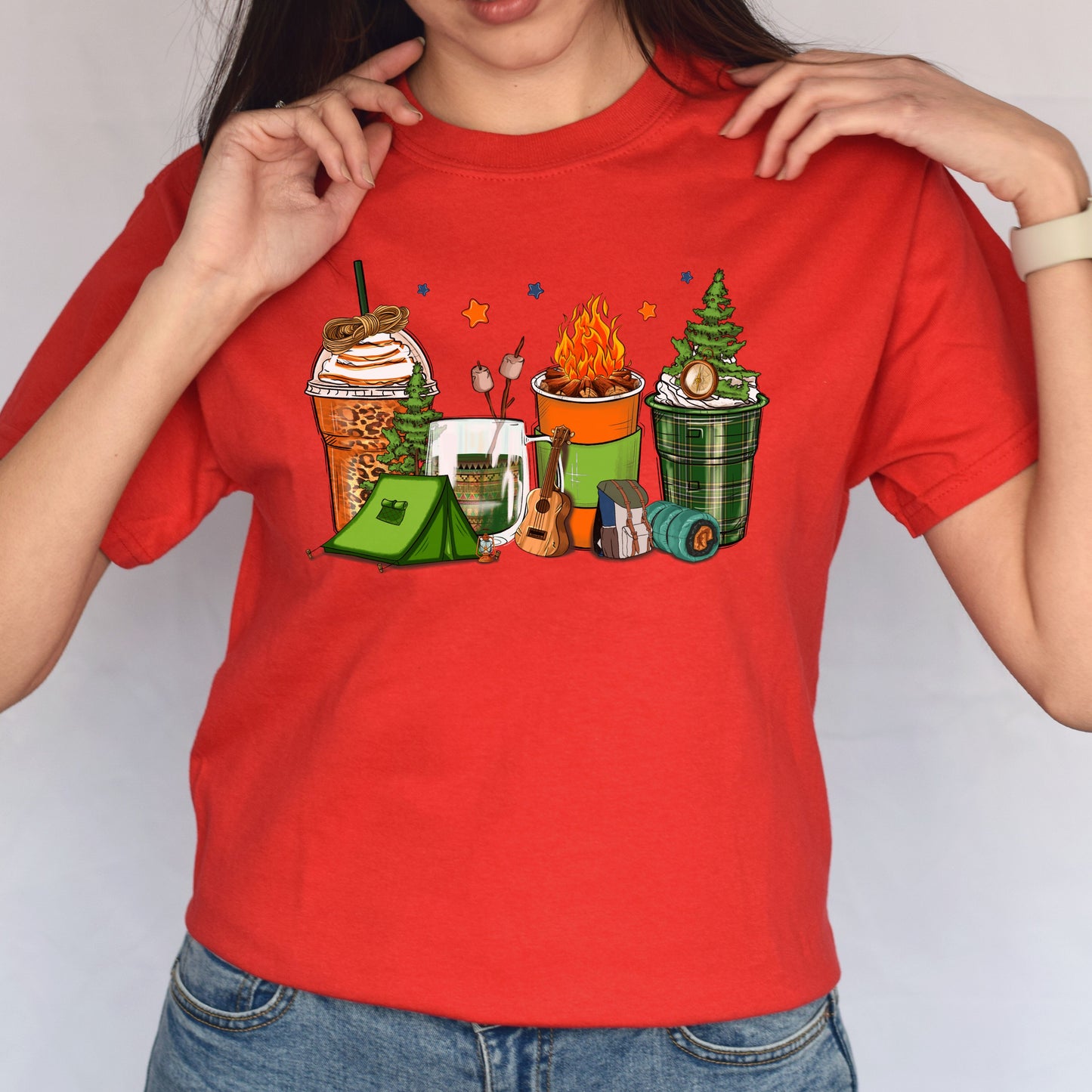 Camping and coffee cups unisex tshirt happy camper tee S-5XL-Family-Gift-Planet