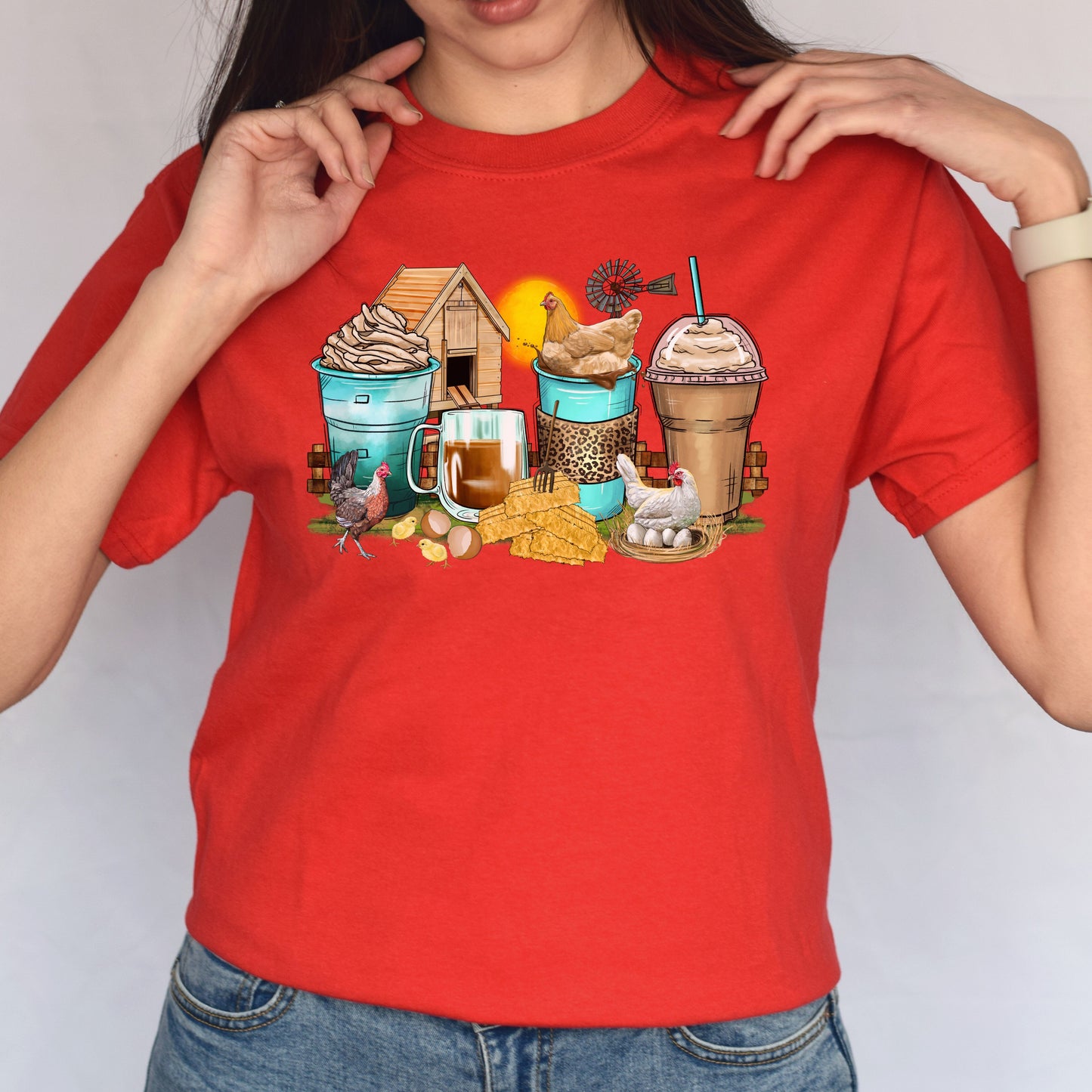 Chicken and coffee cups unisex tshirt farmer chicken owner tee S-5XL-Family-Gift-Planet