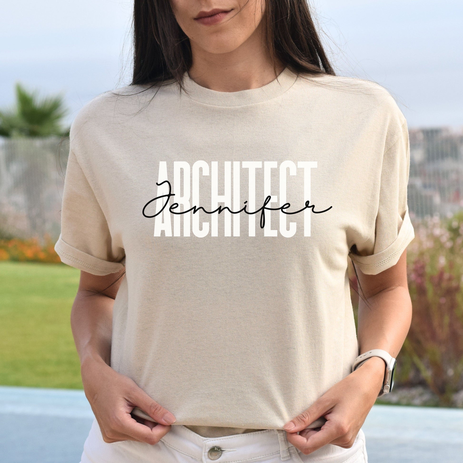 Personalized Architect Unisex T-shirt Custom name Architecture teacher Sand Blue Pink-Sand-Family-Gift-Planet