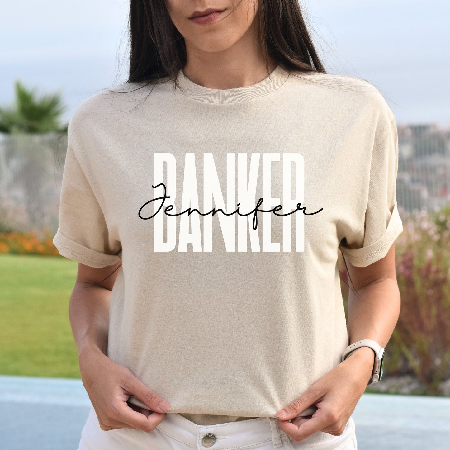 Personalized Banker Unisex T-shirt Custom name Bank worker Sand Blue Pink-Sand-Family-Gift-Planet