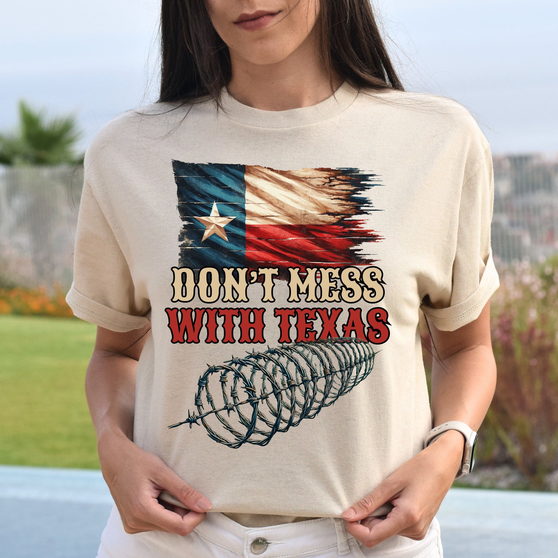 Don't Mess with Texas Unisex Tshirt border truck Texas black Sand Dark Heather-Sand-Family-Gift-Planet