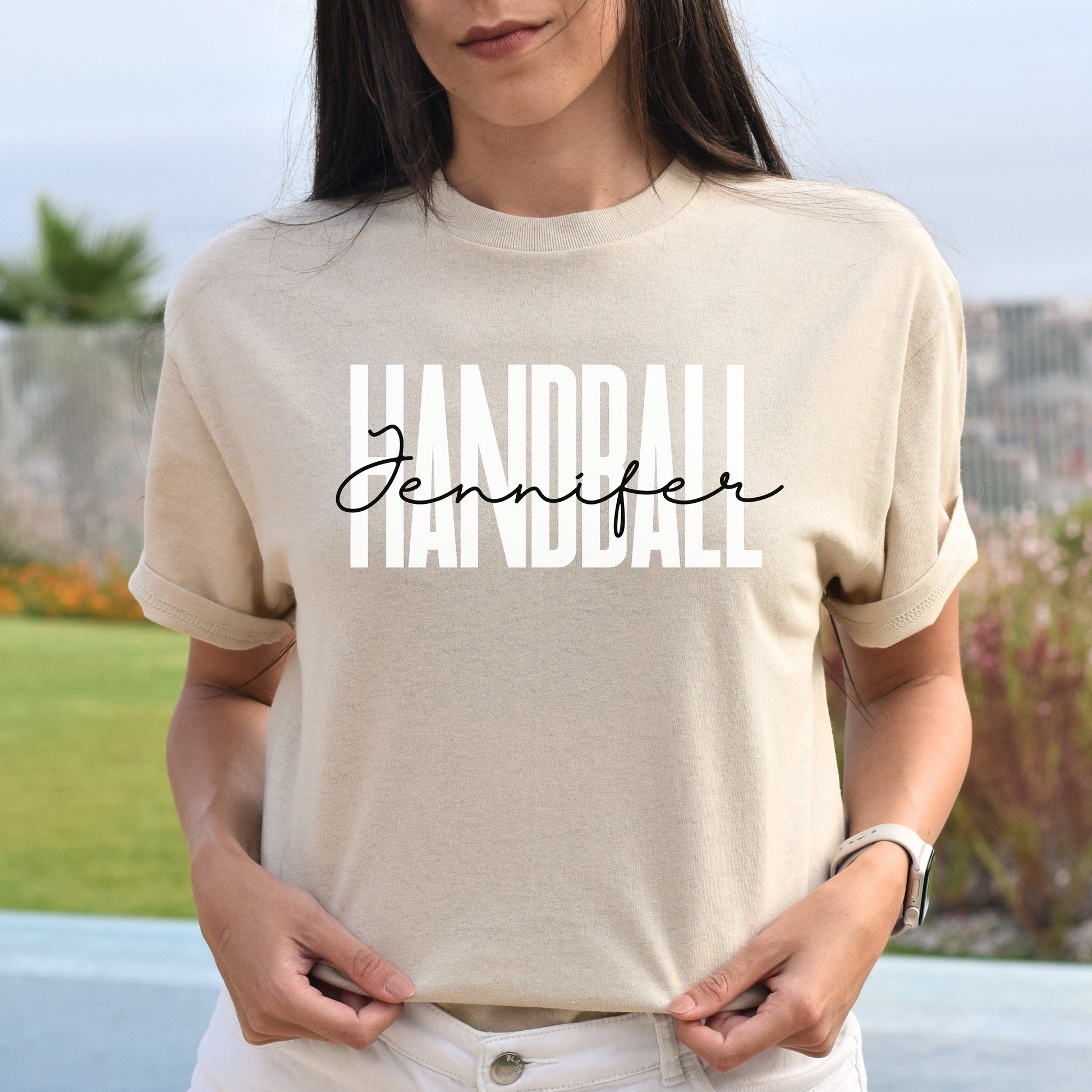 Personalized Handball Unisex T-shirt Custom Name Handball player Sand Blue Pink-Sand-Family-Gift-Planet