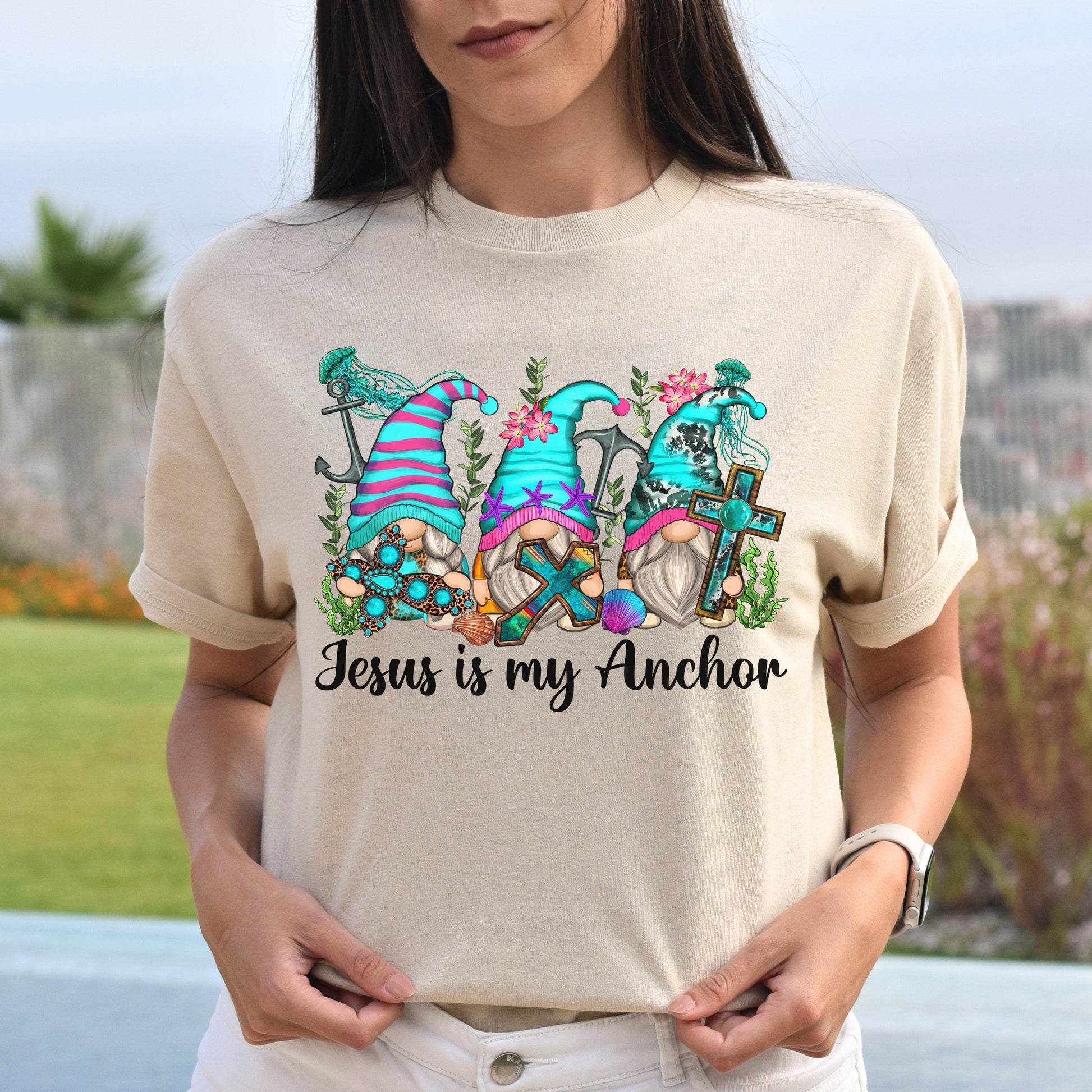 Jesus is my anchor Gnomes Unisex shirt Christians Christmas gift White Sand-Family-Gift-Planet