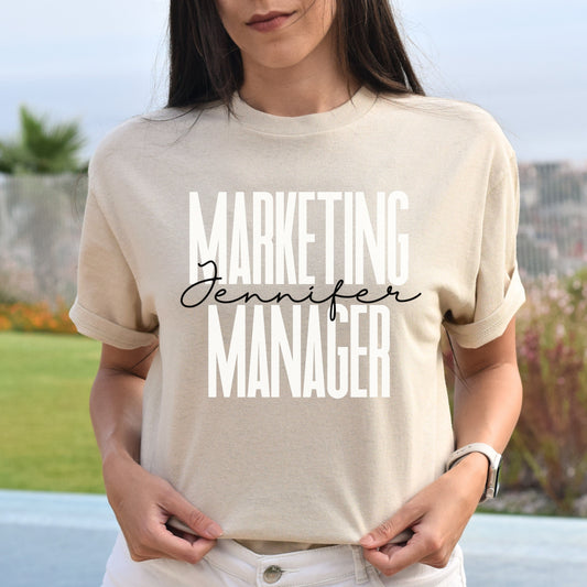 Personalized T-Shirt gift Marketing Manager Custom name Social Media Marketer Unisex Tee Sand Pink Blue-Sand-Family-Gift-Planet