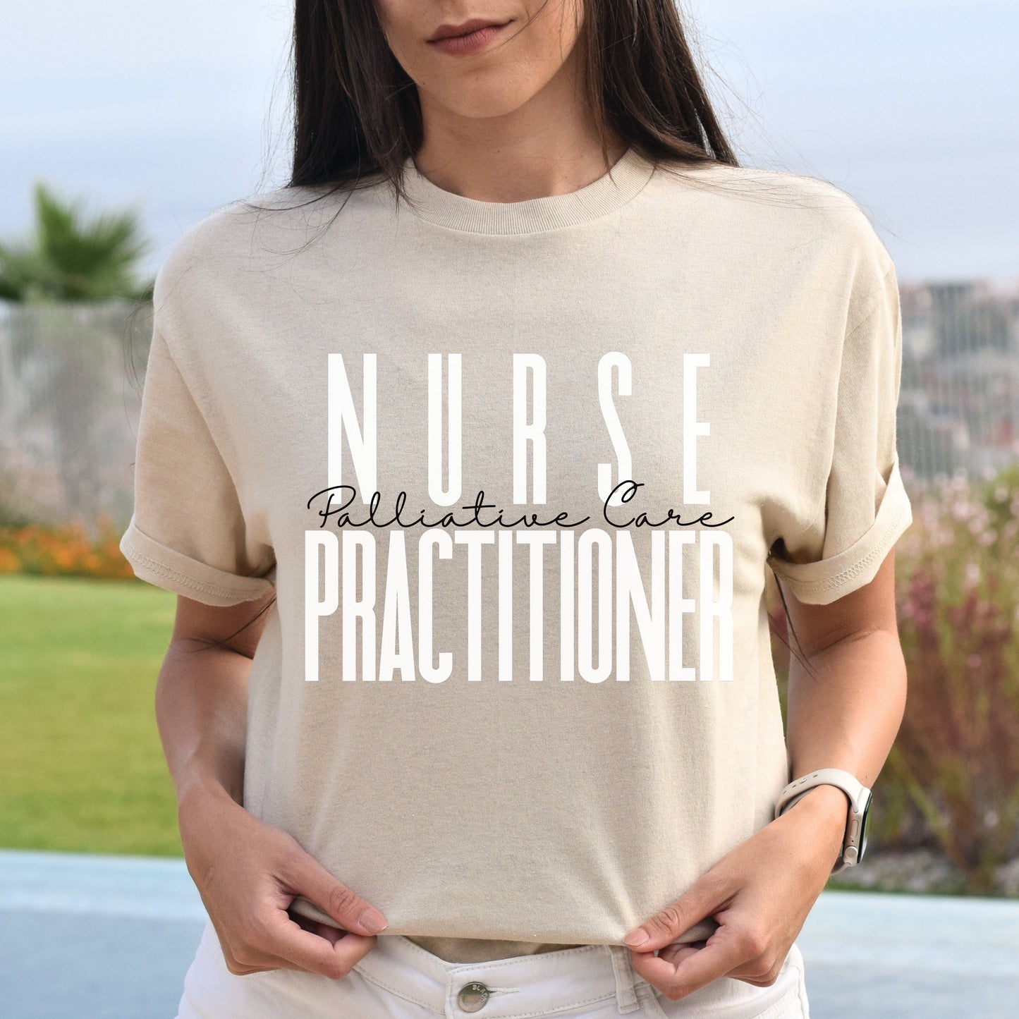 Palliative Care nurse practitioner T-shirt gift Hospice NP Unisex Tee Sand Pink Light Blue-Sand-Family-Gift-Planet