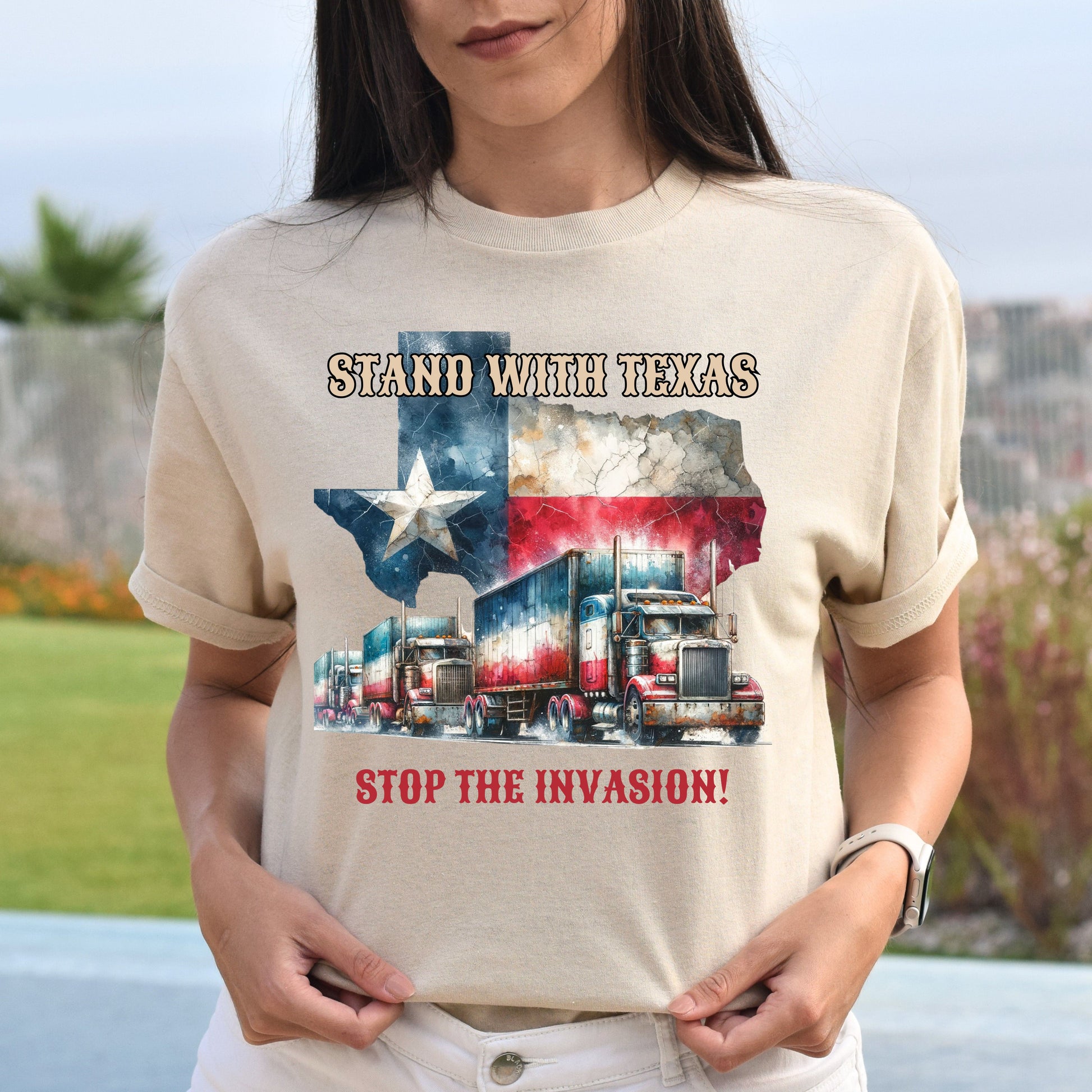 Stand with Texas Stop the invasion Unisex Tshirt border truck Texas black-Sand-Family-Gift-Planet