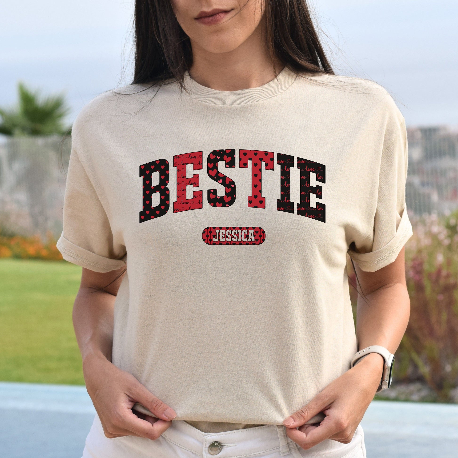 Personalized Bestie Valentine's Day Unisex T-Shirt Custom name best friends heart love-Sand-Family-Gift-Planet