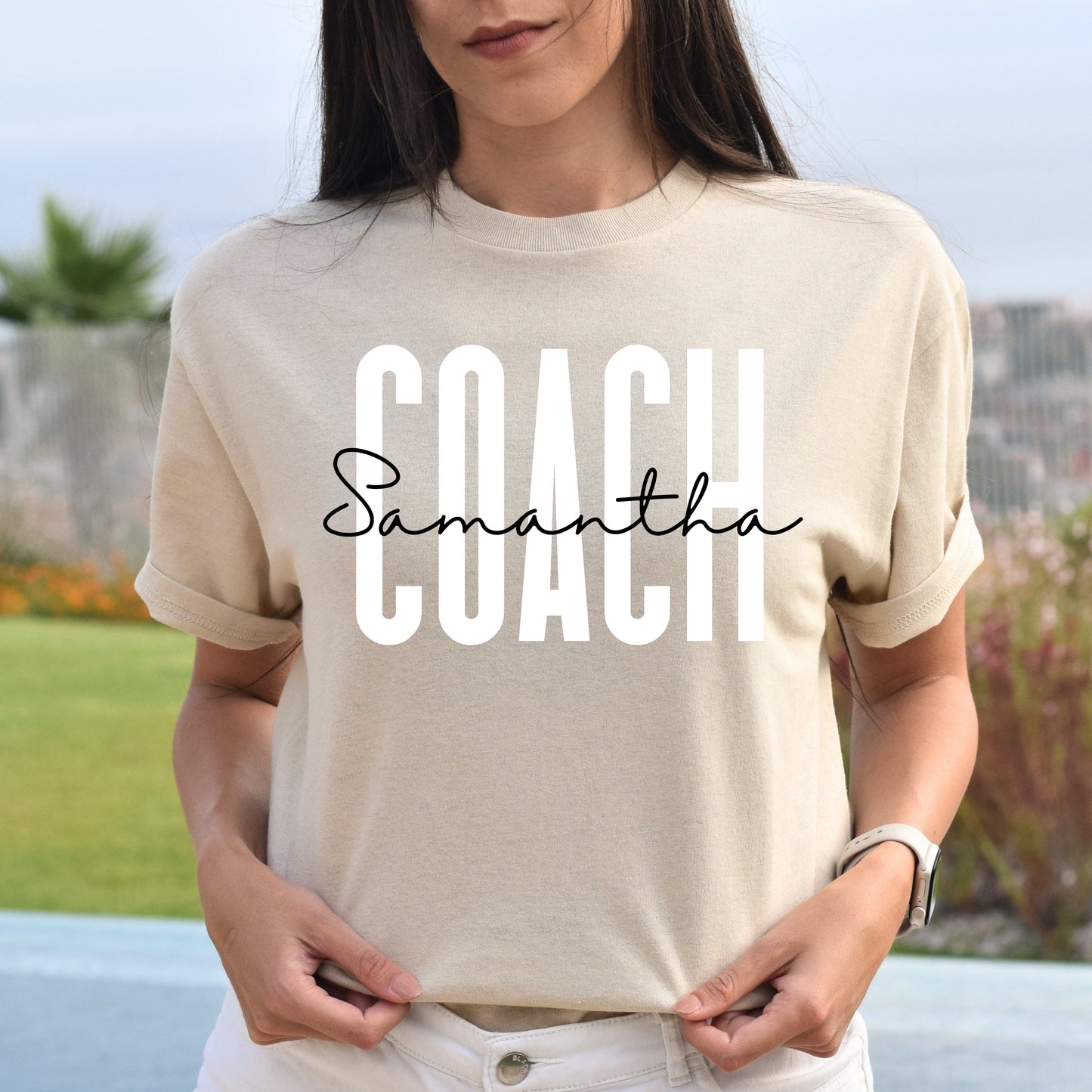 Personalized Coach Unisex T-shirt gift for coach Sand Pink Light Blue-Sand-Family-Gift-Planet