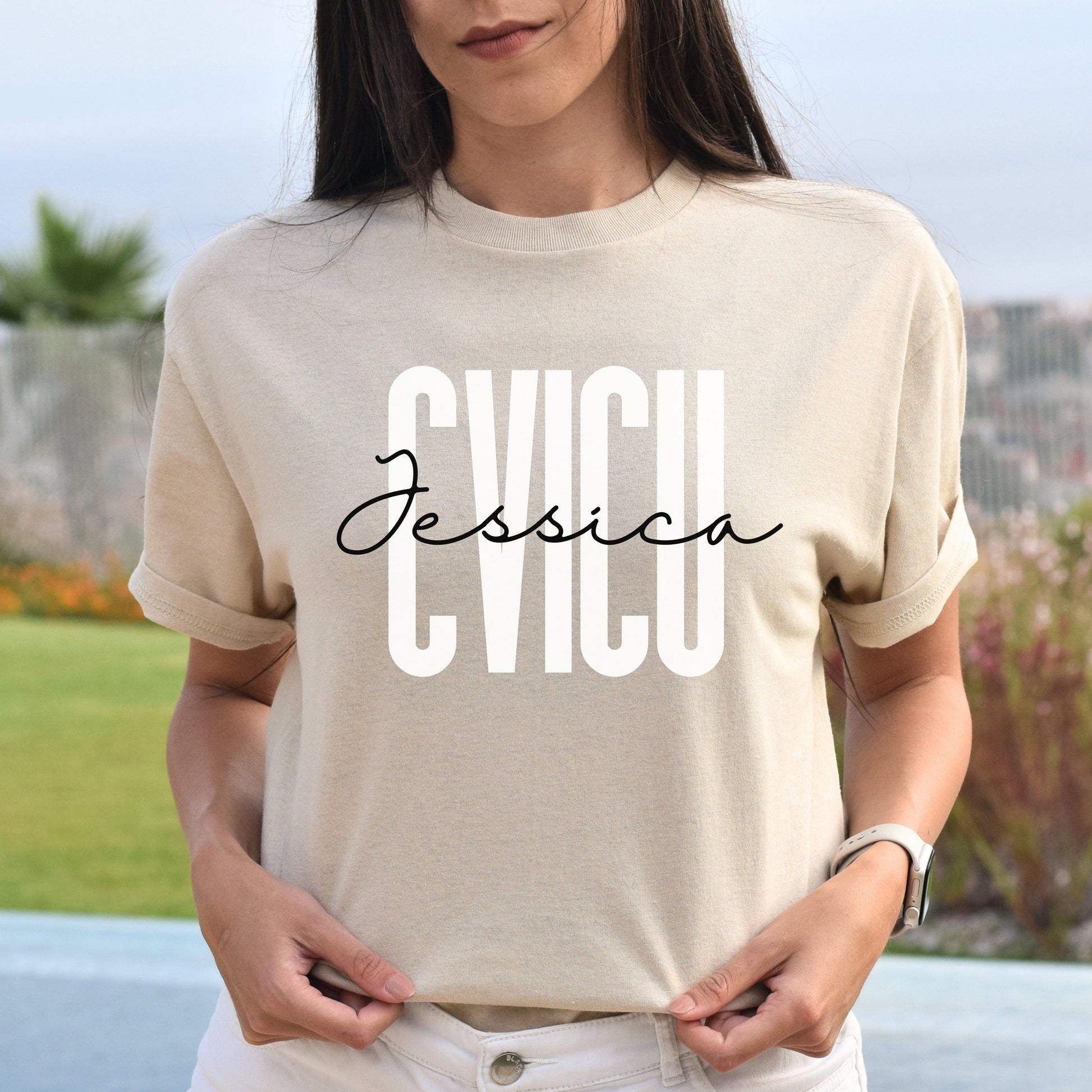 Personalized CVICU Unisex T-shirt Custom name cardiac nurse Sand Blue Pink-Sand-Family-Gift-Planet