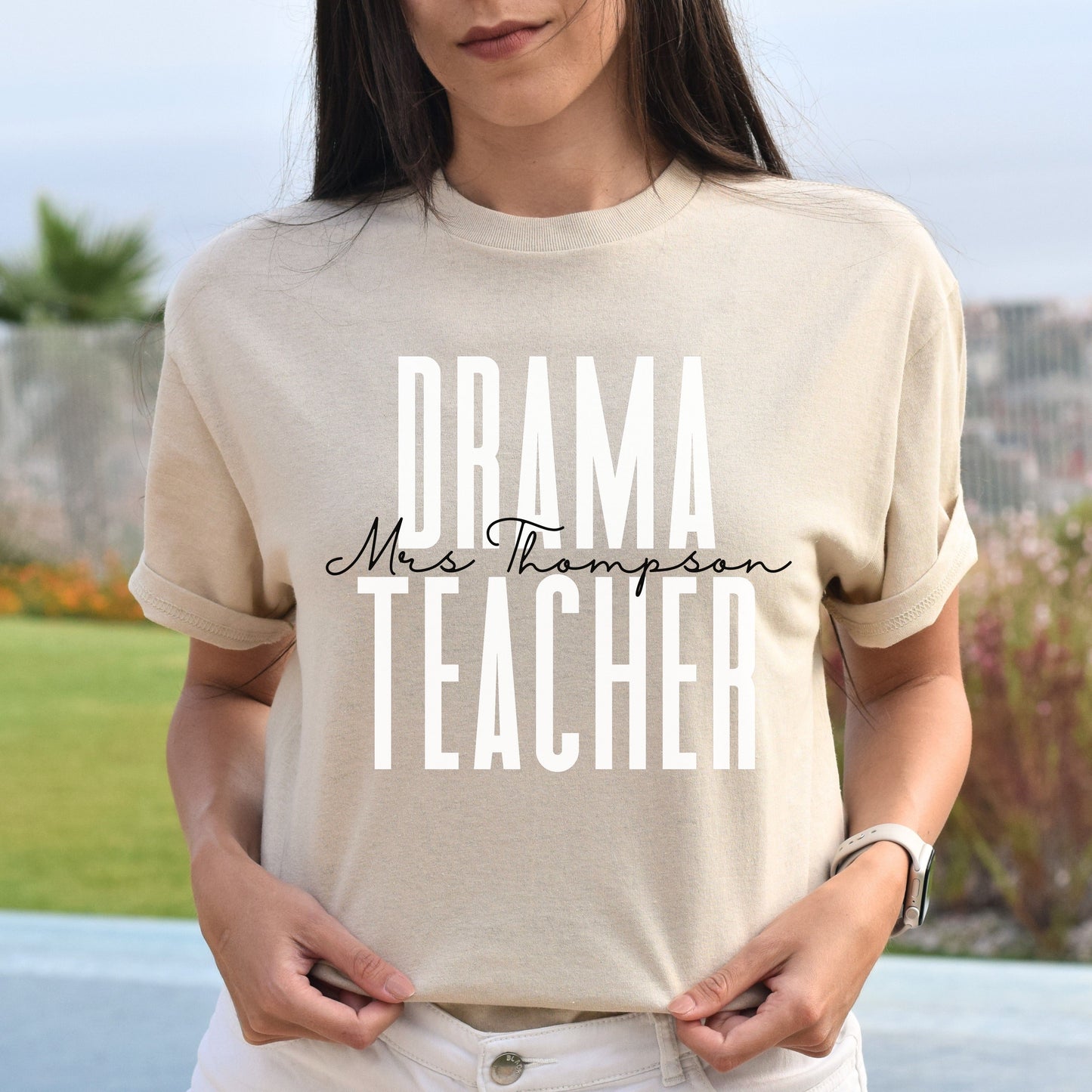 Personalized Drama teacher Unisex T-shirt Custom name theater teacher Sand Blue Pink-Sand-Family-Gift-Planet