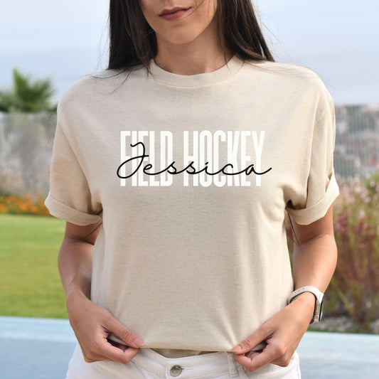 Personalized Field hockey Unisex T-shirt Custom Name Hockey player tee Sand Blue Pink-Sand-Family-Gift-Planet