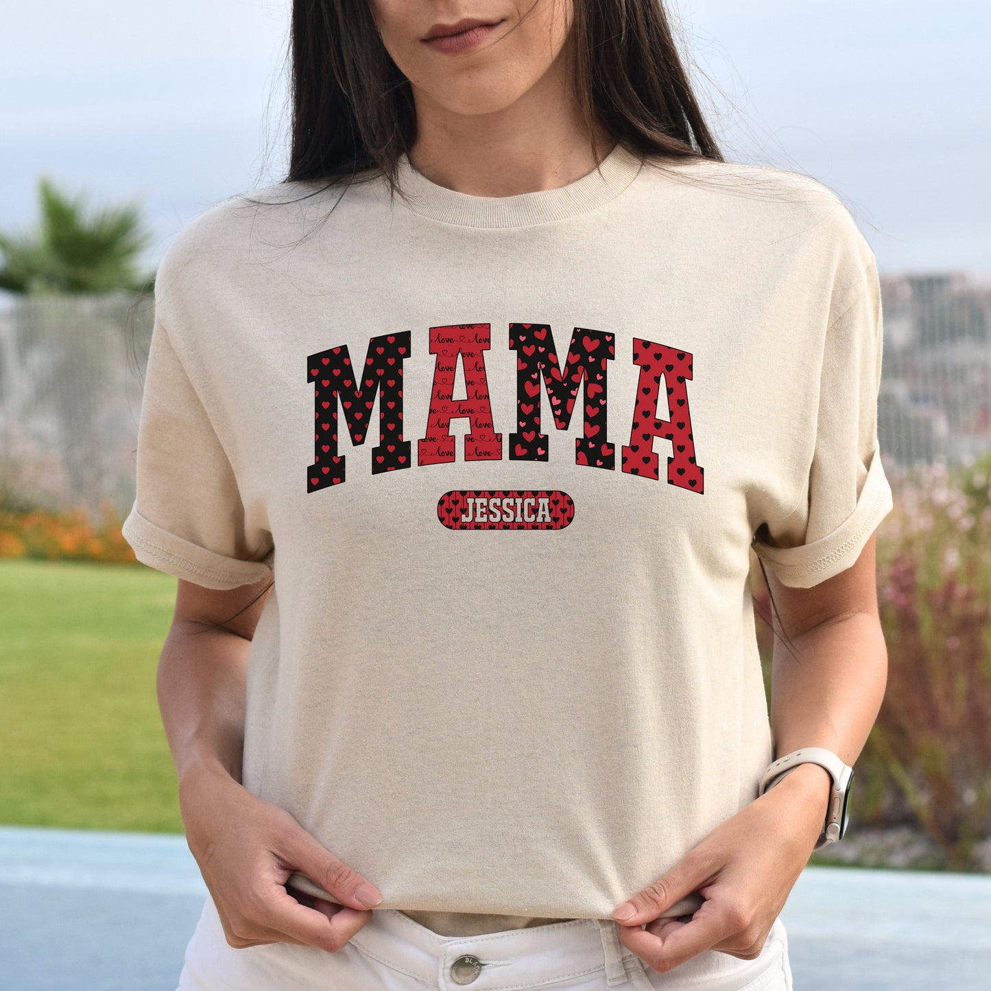 Personalized Mama Valentine's Day Unisex T-Shirt Custom name Mom heart love-Sand-Family-Gift-Planet