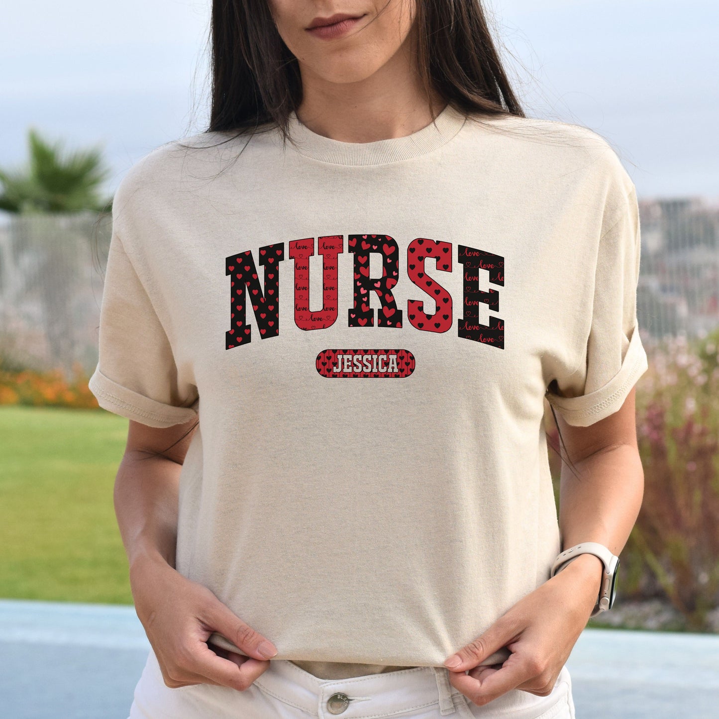 Personalized Nurse Valentine's Day Unisex T-Shirt Custom name RN heart love-Sand-Family-Gift-Planet