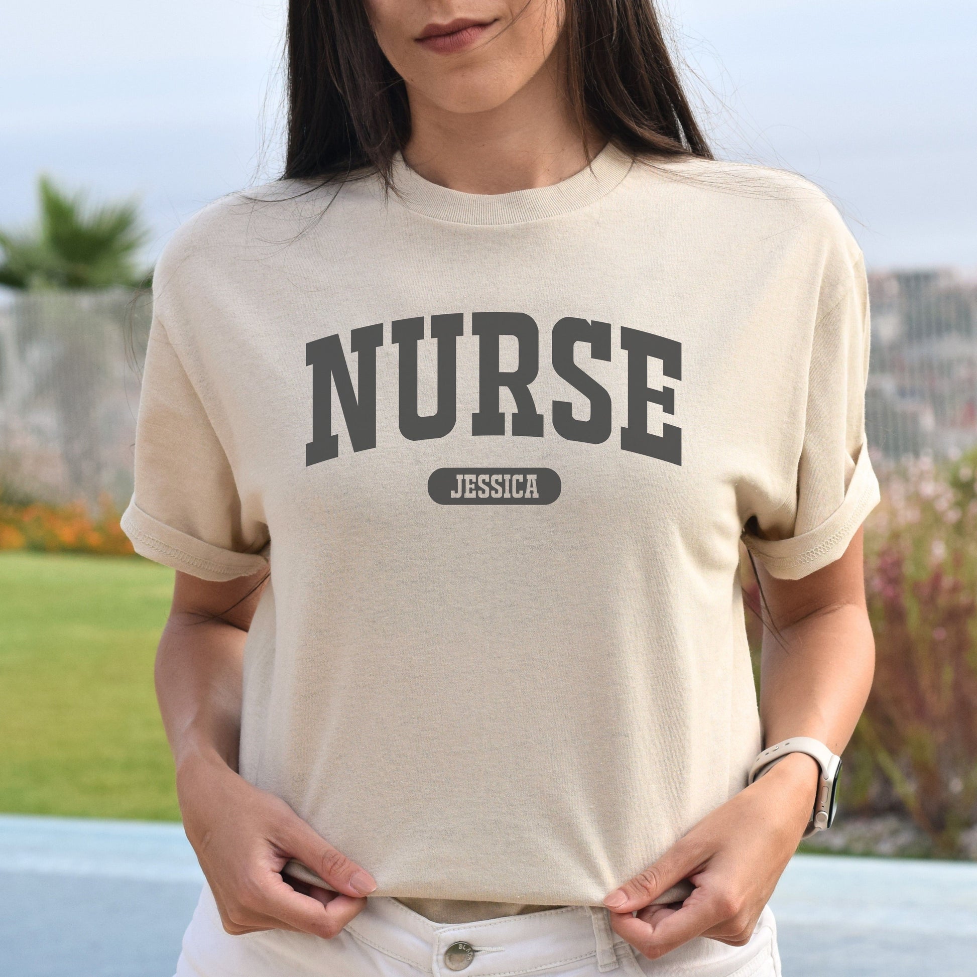 Nurse Personalized Unisex T-shirt Custom Registered Nurse White Sand Light Blue-Sand-Family-Gift-Planet