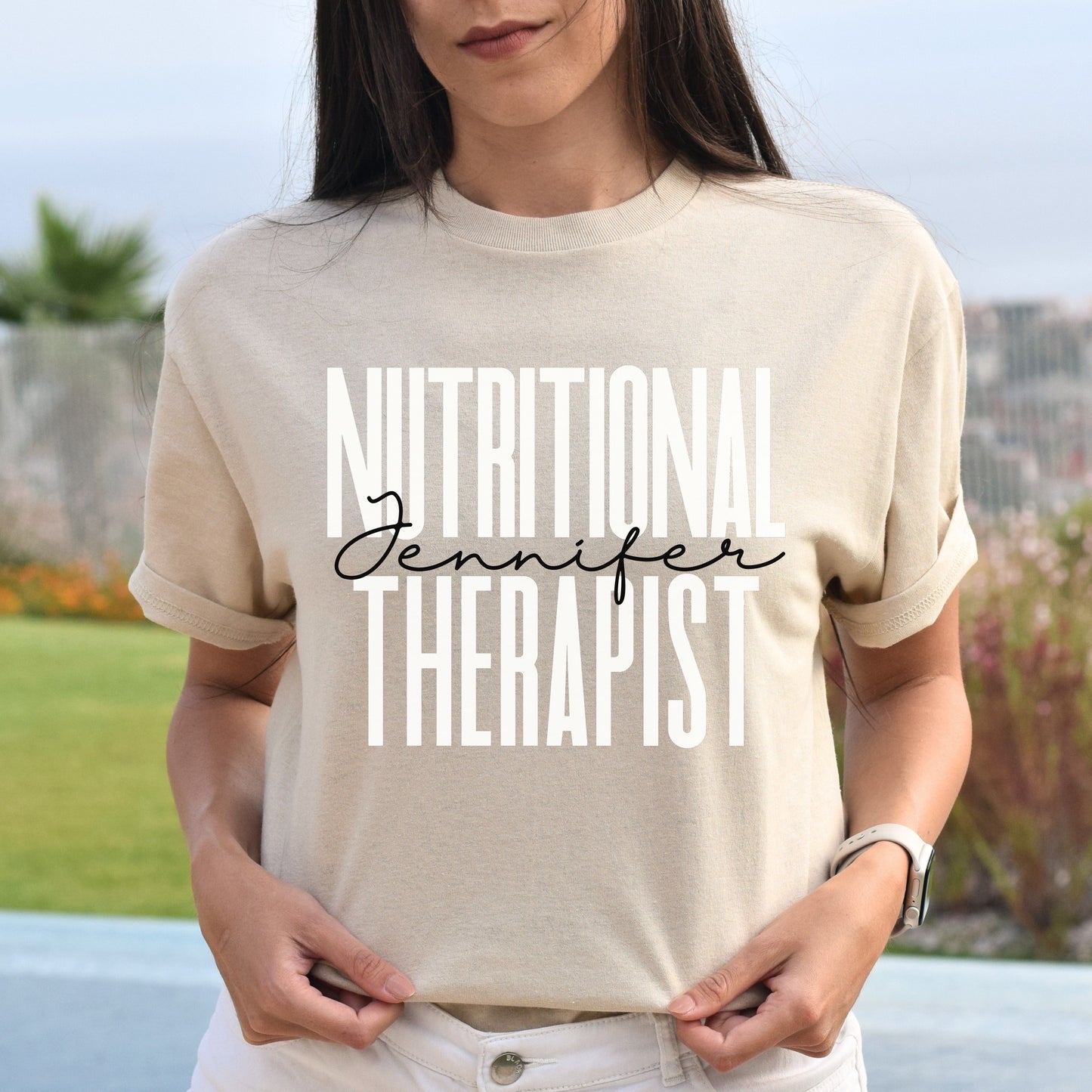 Personalized Nutritional therapist T-shirt gift Custom name Nutritionist dietologist Unisex Tee Sand Pink Light Blue-Sand-Family-Gift-Planet