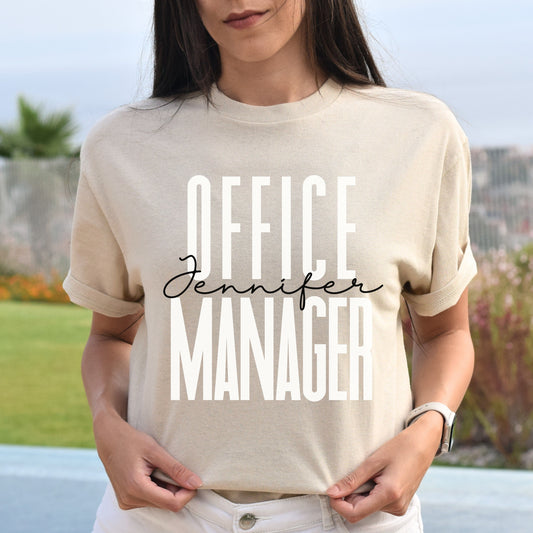 Personalized Office manager T-shirt gift Front Office squad Unisex Tee Sand Pink Light Blue-Sand-Family-Gift-Planet